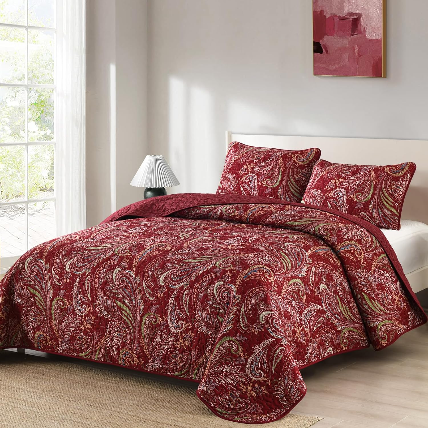 WONGS BEDDING Boho Quilt Set King 3 Piece Red Paisley
