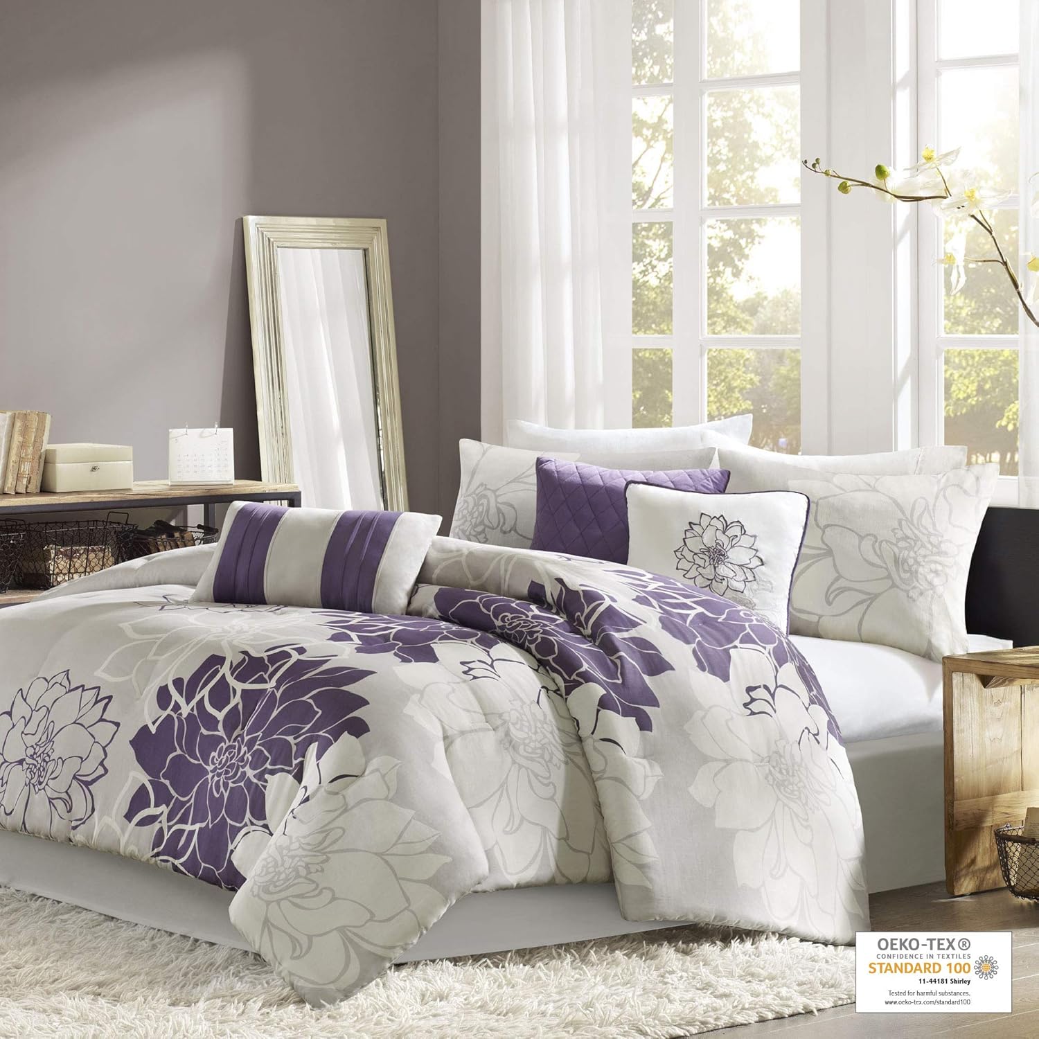 Madison Park Lola Sateen Cotton Comforter Set - 6 Piece Grey Purple