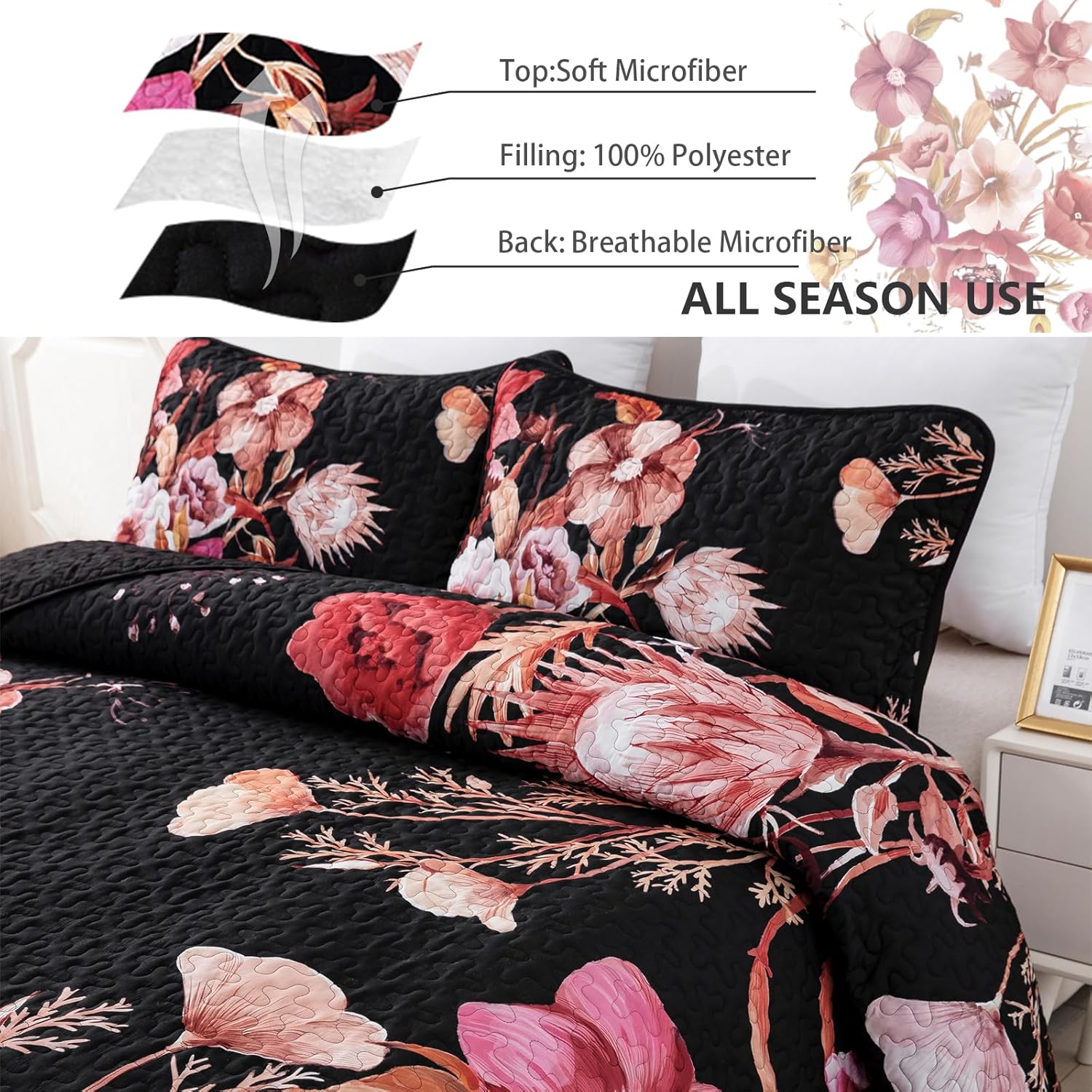 Drucon Floral Quilt Set King 3 Pieces