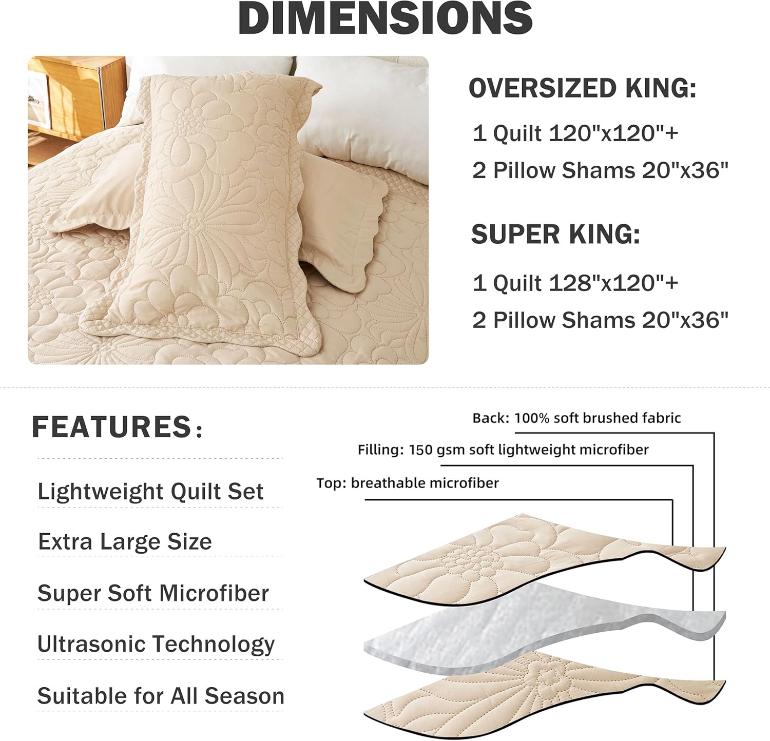 Cmfshape Oversized King Quilt Set 3 PCS - Floral Beige