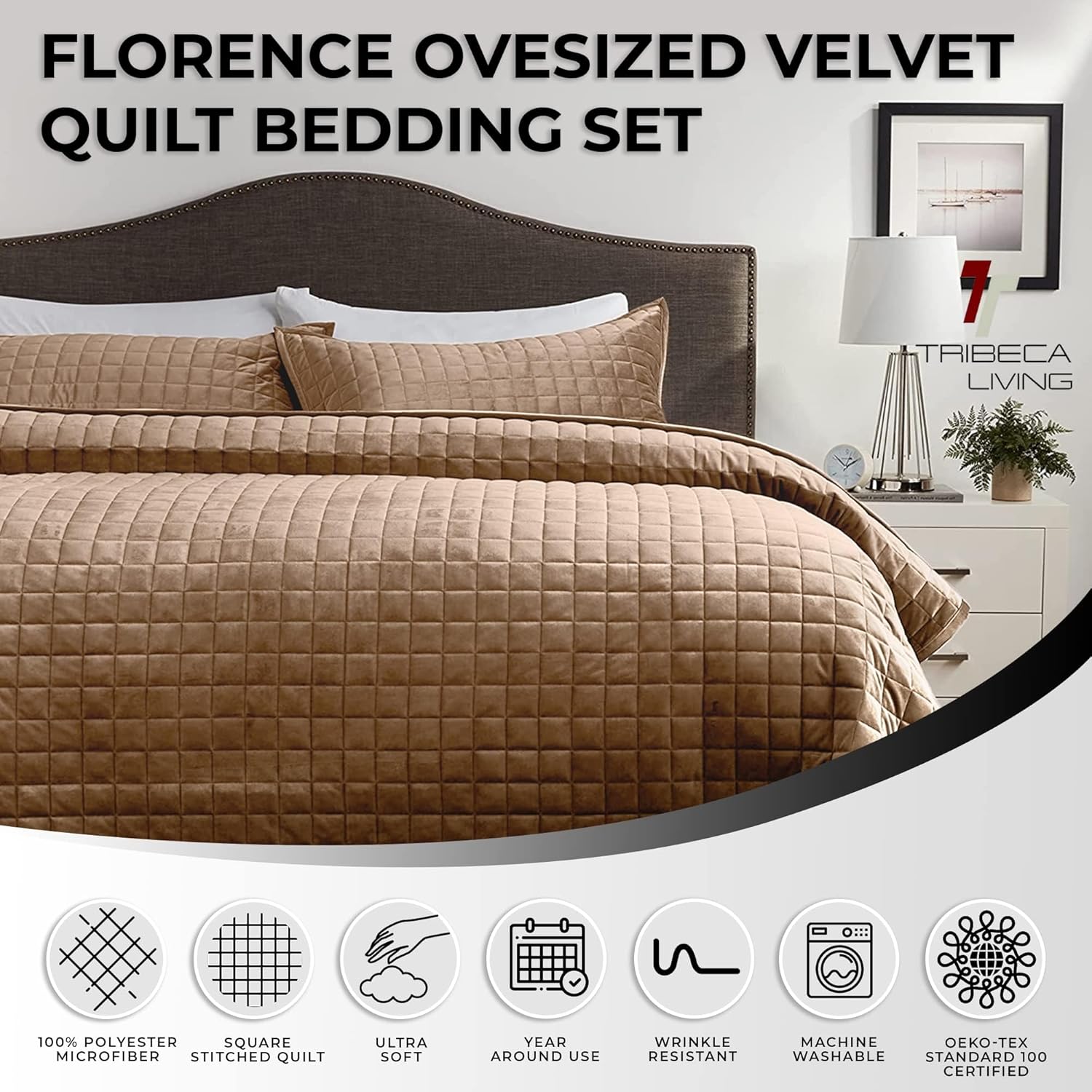 Tribeca Living Velvet Quilt Set King Size Taupe 1