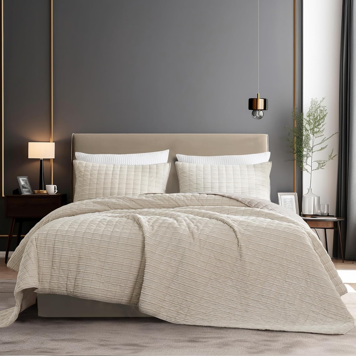 SHALALA Corduroy Quilt Queen 3-Piece Set Striped Bed Cover