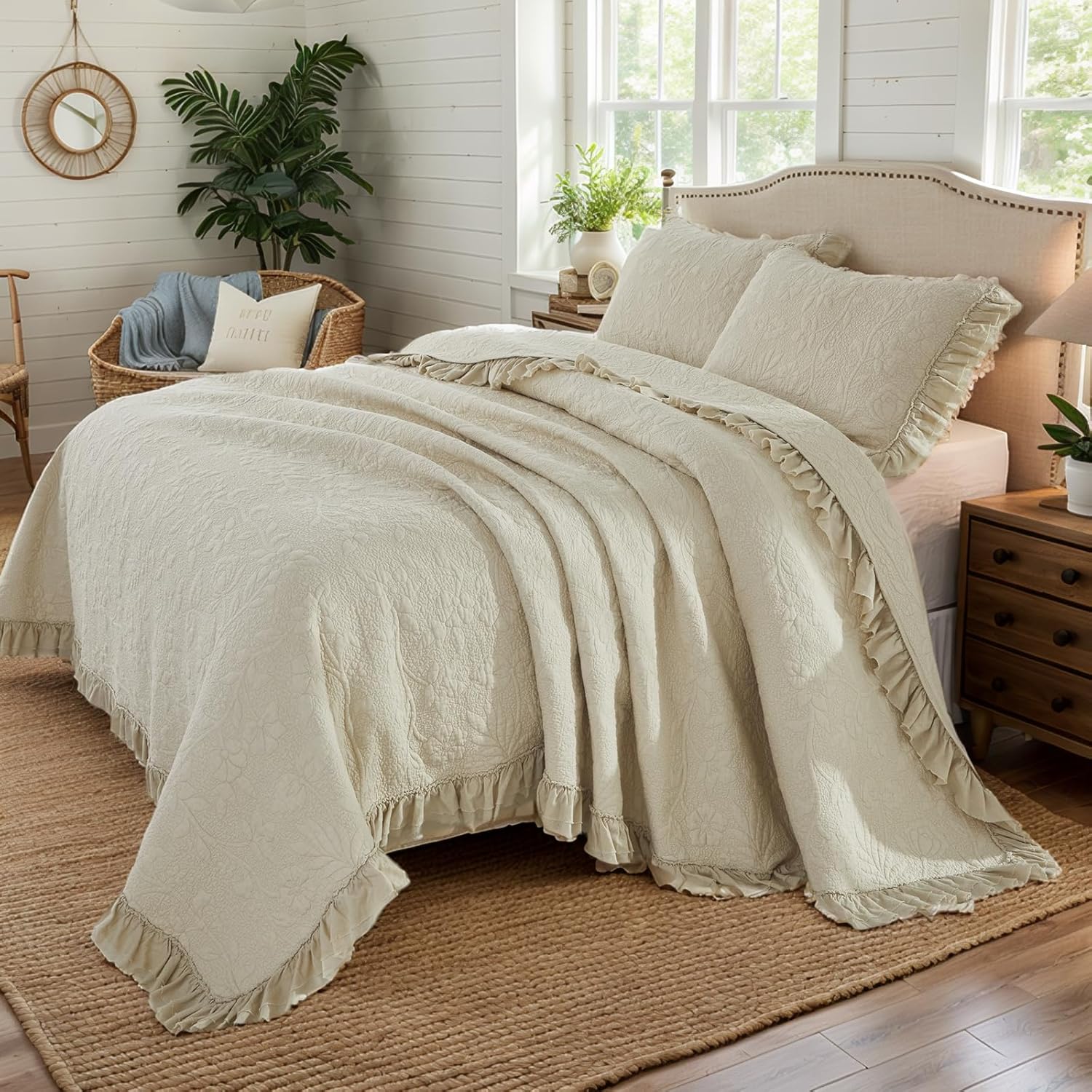 Brandream Queen Quilt Set 3-Piece Cotton Beige