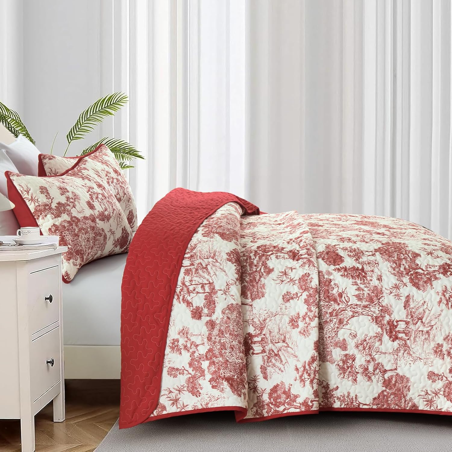 Wongs Bedding Botanical Quilt Set Queen Size Red 3 Pieces