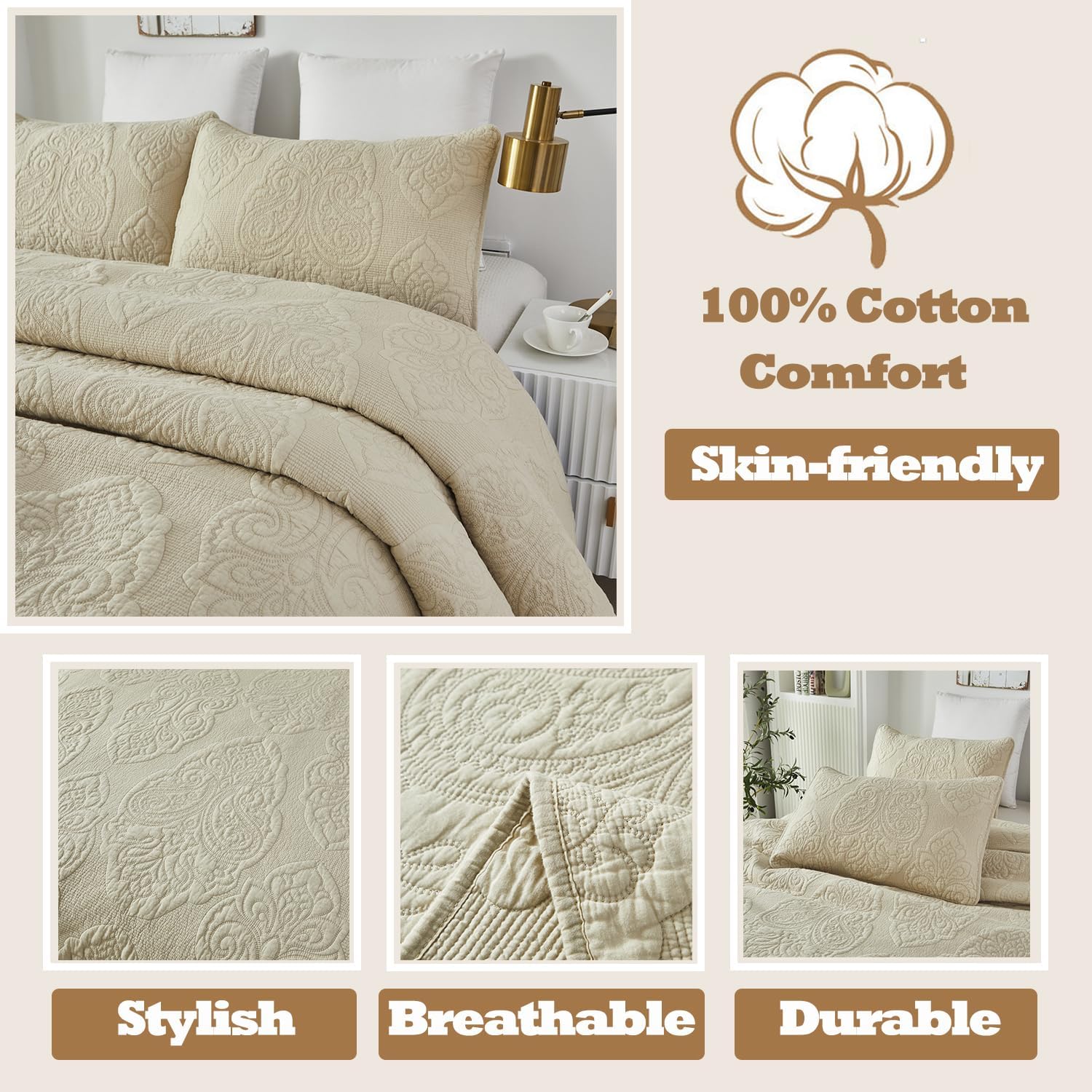 Brandream Queen Size Quilt Set 3-Piece Cotton Beige