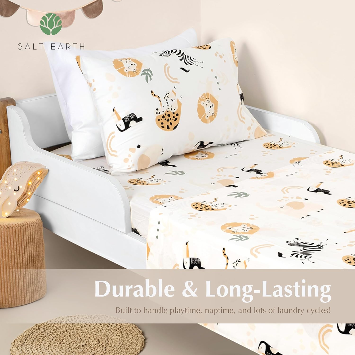 Salt Earth 100 Cotton 210TC Kids Bedsheet Set - Twin Fitted Pillowcase Jungle Themed