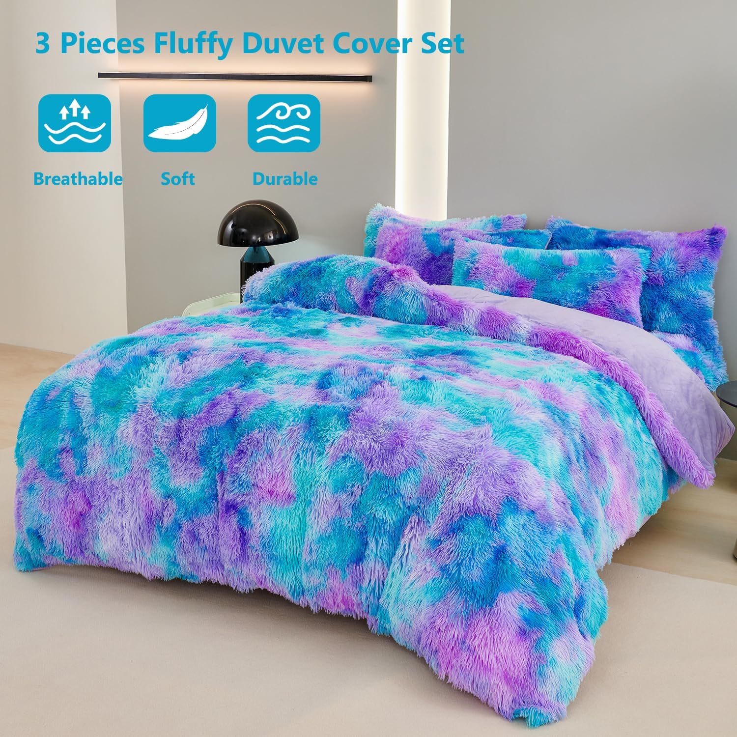 SUCSES Faux Fur Duvet Cover Set Queen Size 3Pcs