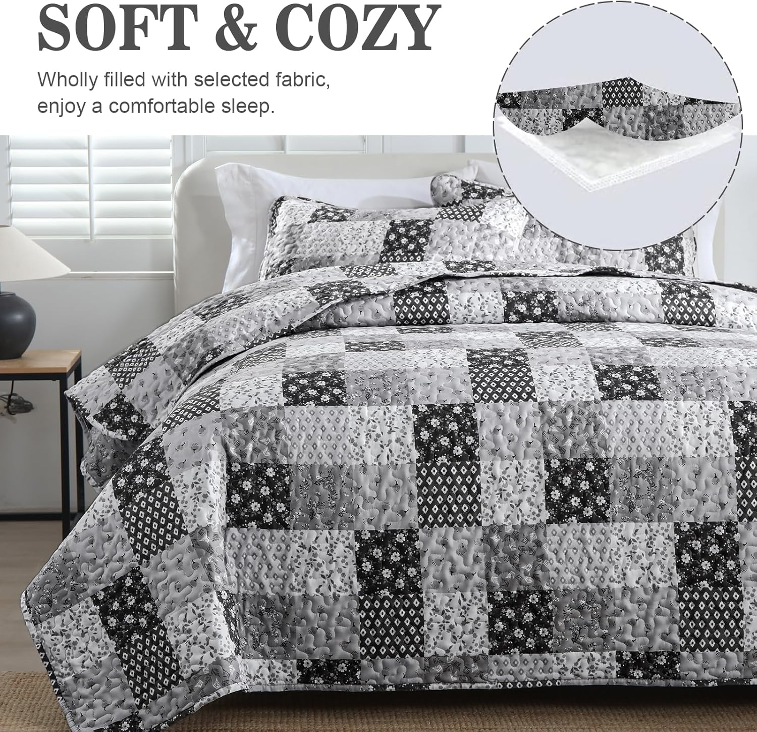 Menghomeus Boho Patchwork Quilt Set King Black Grey