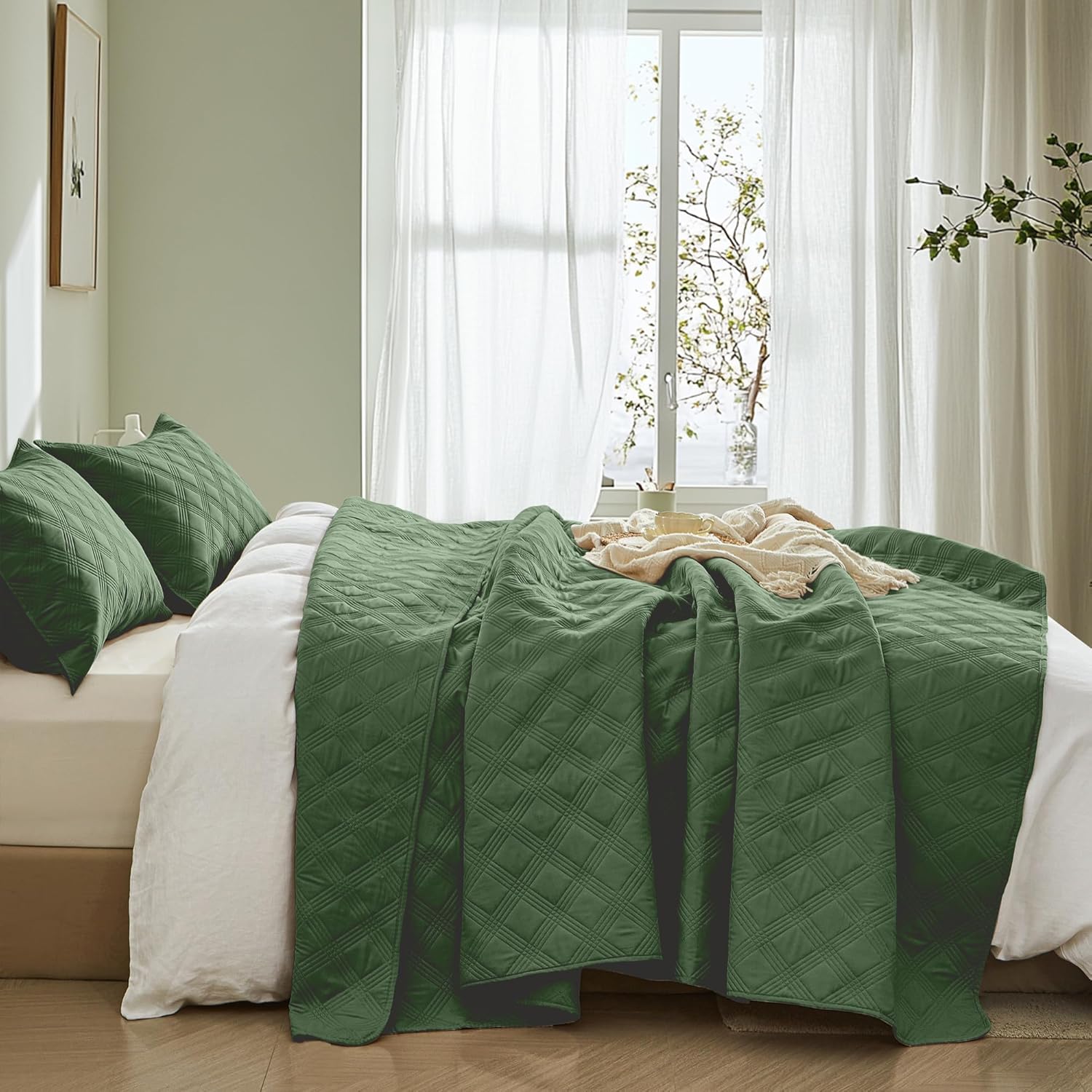 Inron Quilt Set Queen Size Olive Green Microfiber Ultrasonic Full Bedspreads