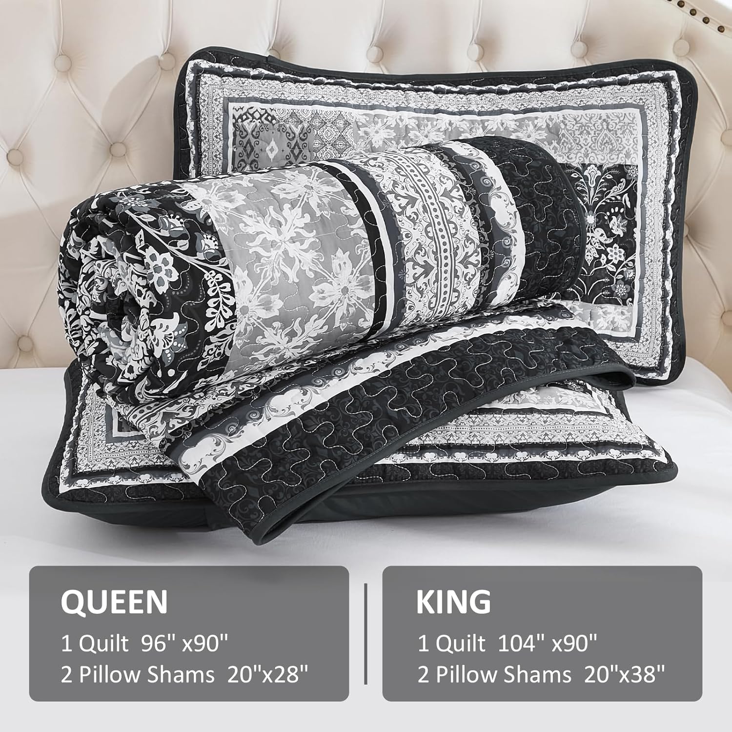 WONGS BEDDING Black Quilt Set King Size 3 Pieces