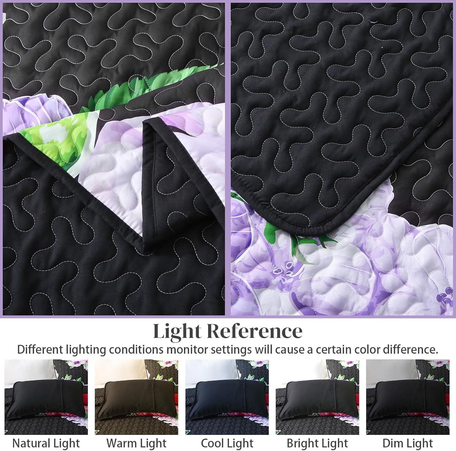 Heymybed Black Floral Queen Quilt Set 3 Pieces
