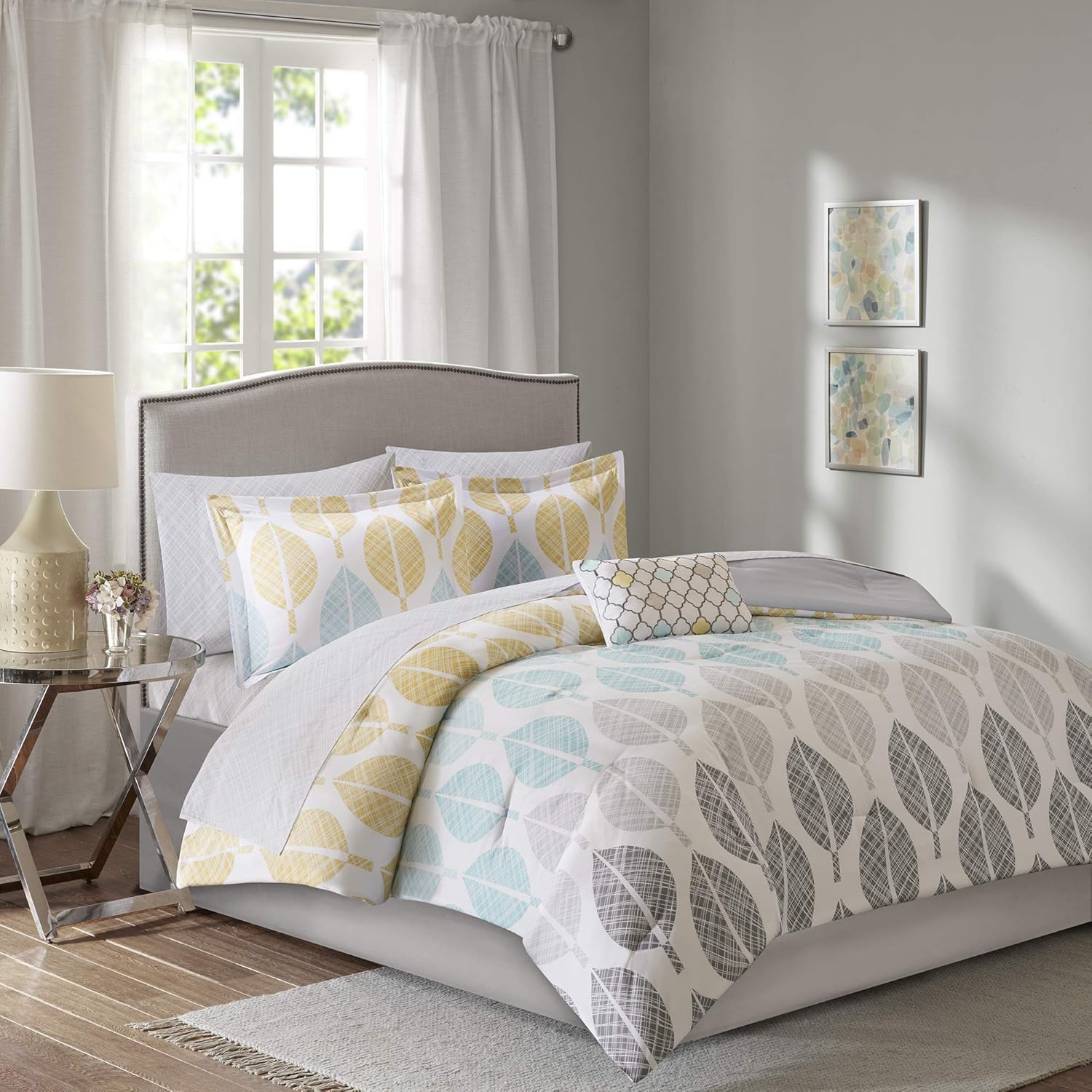 Madison Park Cozy Bed in a Bag Comforter Set Queen Leaf YellowAqua