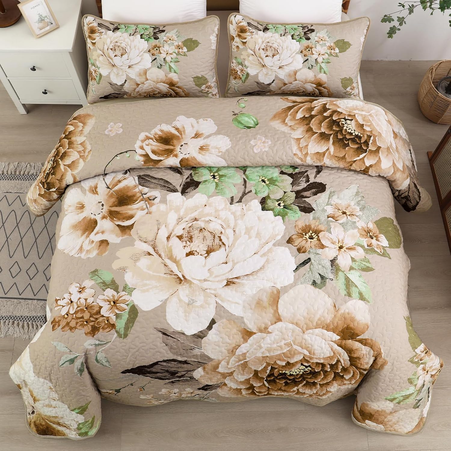 WONGS BEDDING Floral Quilt Set 3 Piece Khaki King