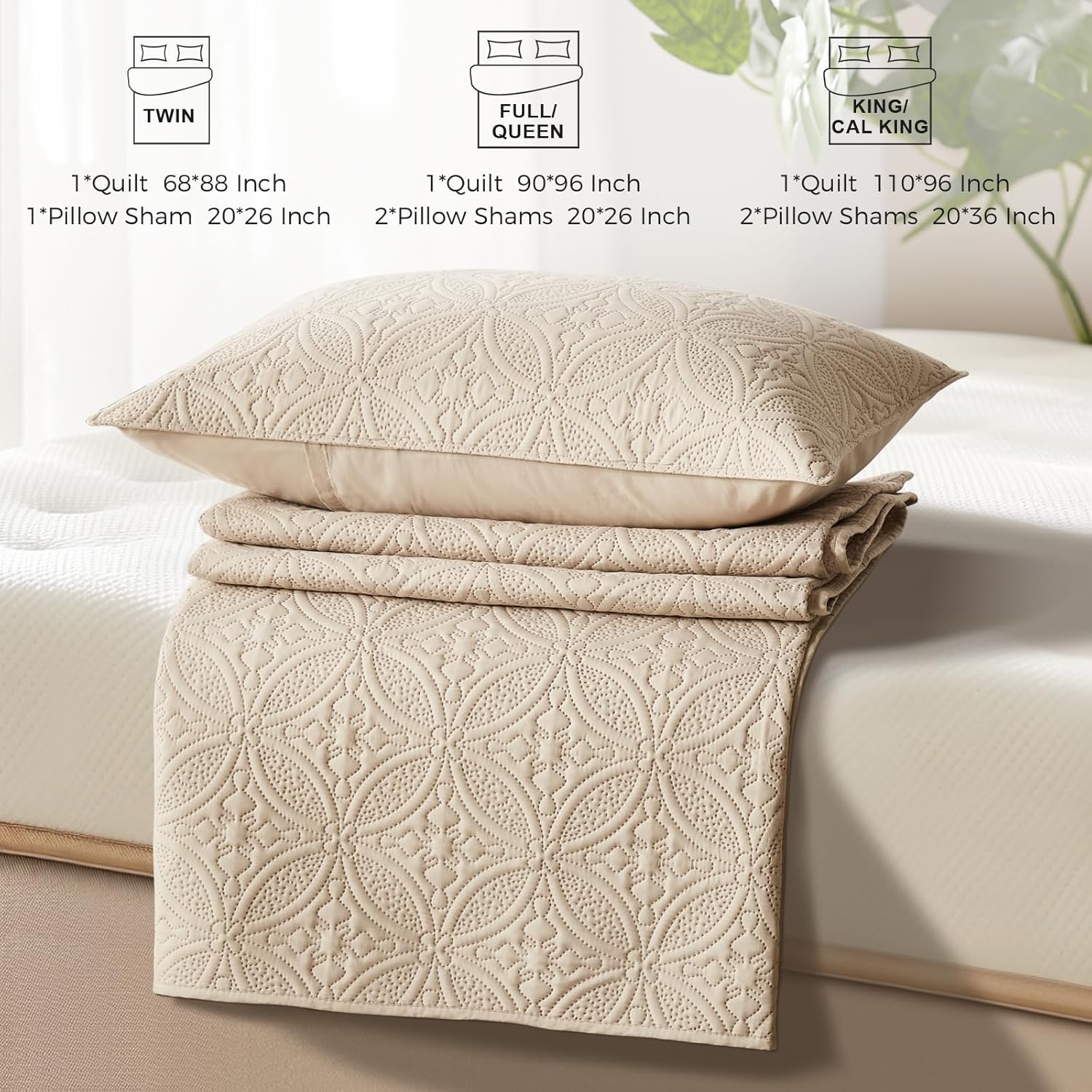 WURUIBO Full Queen Quilt Set Beige Microfiber