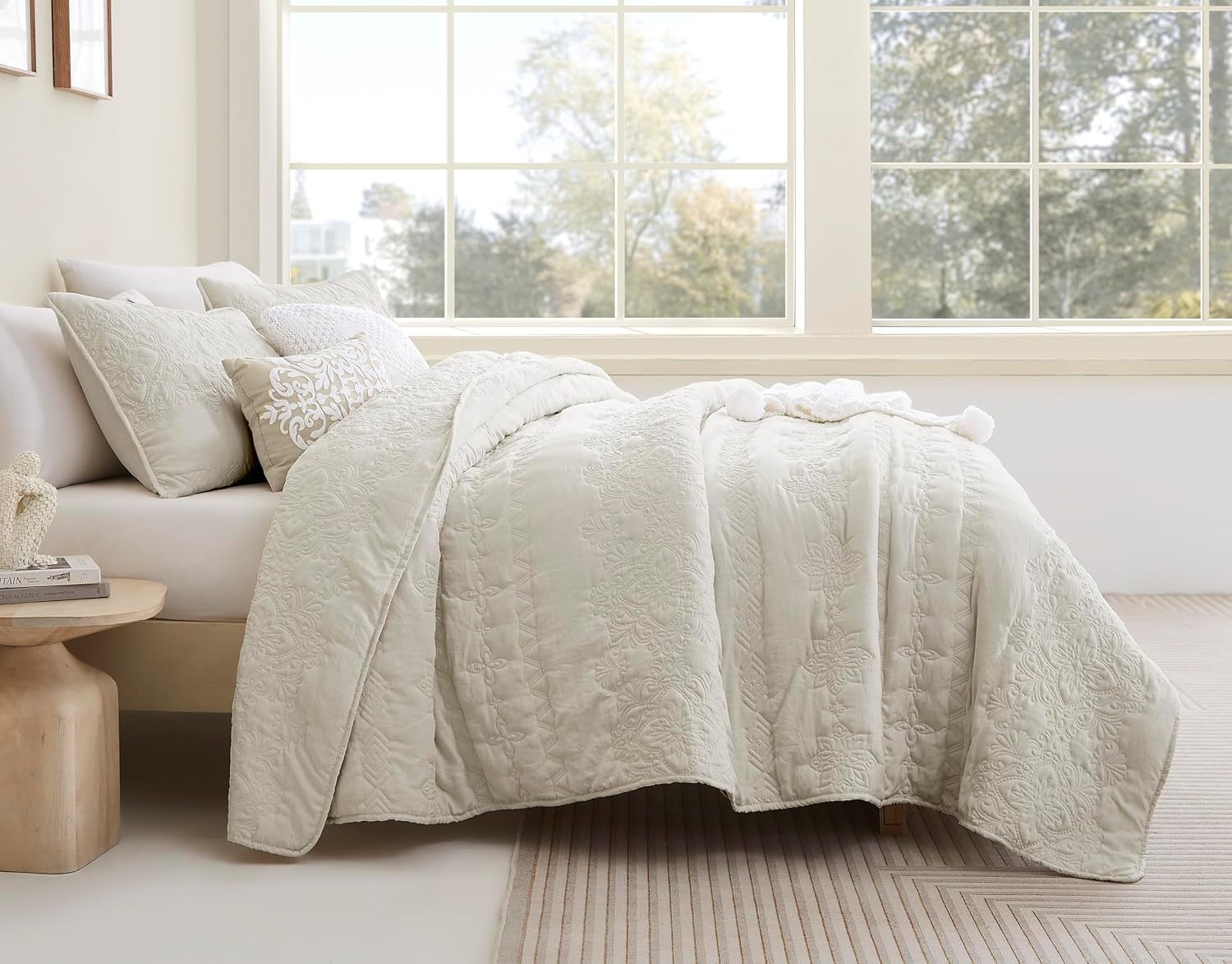B2EVER Boho Light Beige Quilt Set Queen Size with Pillow Shams