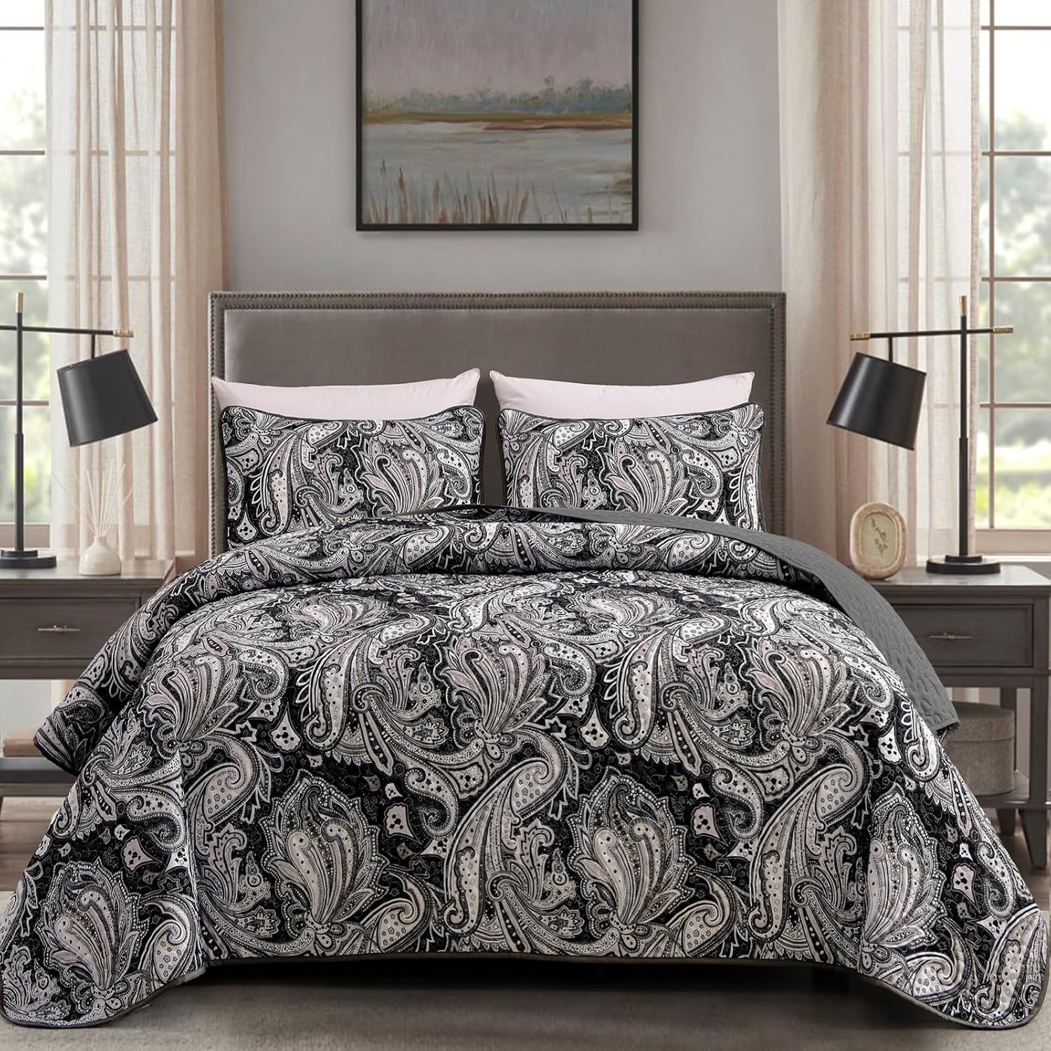 DJY Black Paisley Quilt Set 3 Piece Full Size 1