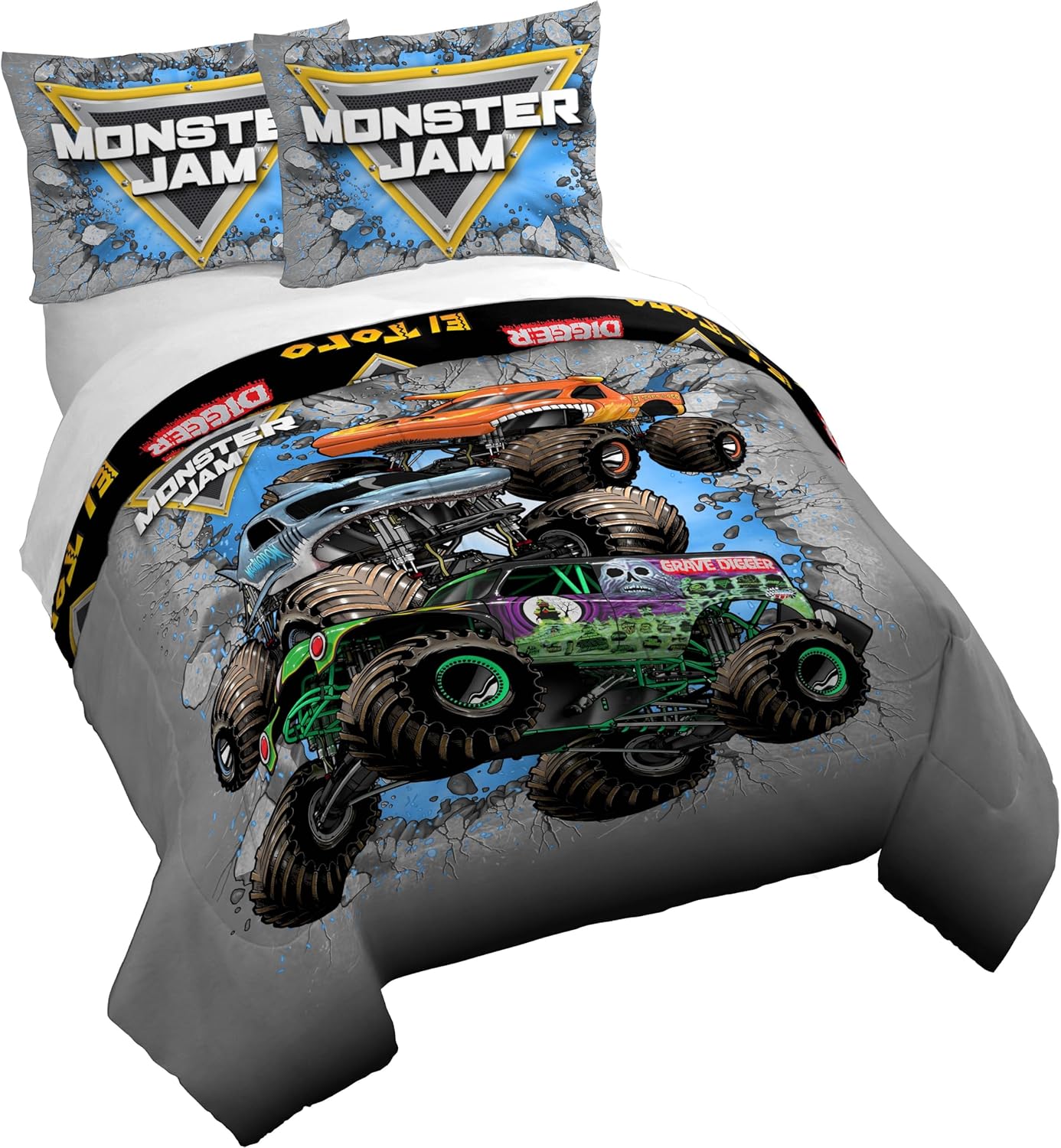 Jay Franco Duvet Cover Set Monster Jam Kids Bedding 3 Piece Grey