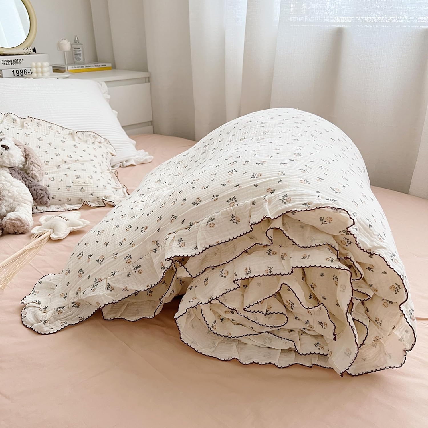 AOJIM Muslin Duvet Cover 47X59 with Ruffled Edges Rose Pattern 2-Layer Gauze