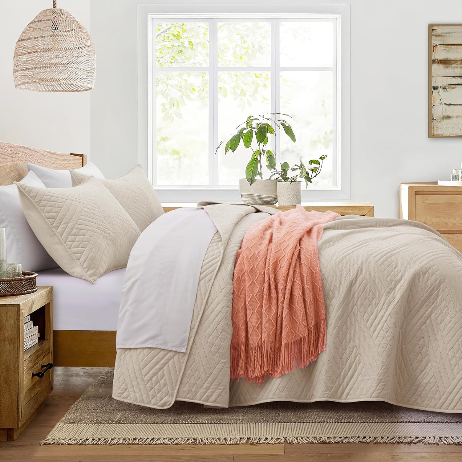 Lavsiry Beige Stripe Quilt Set California King Size