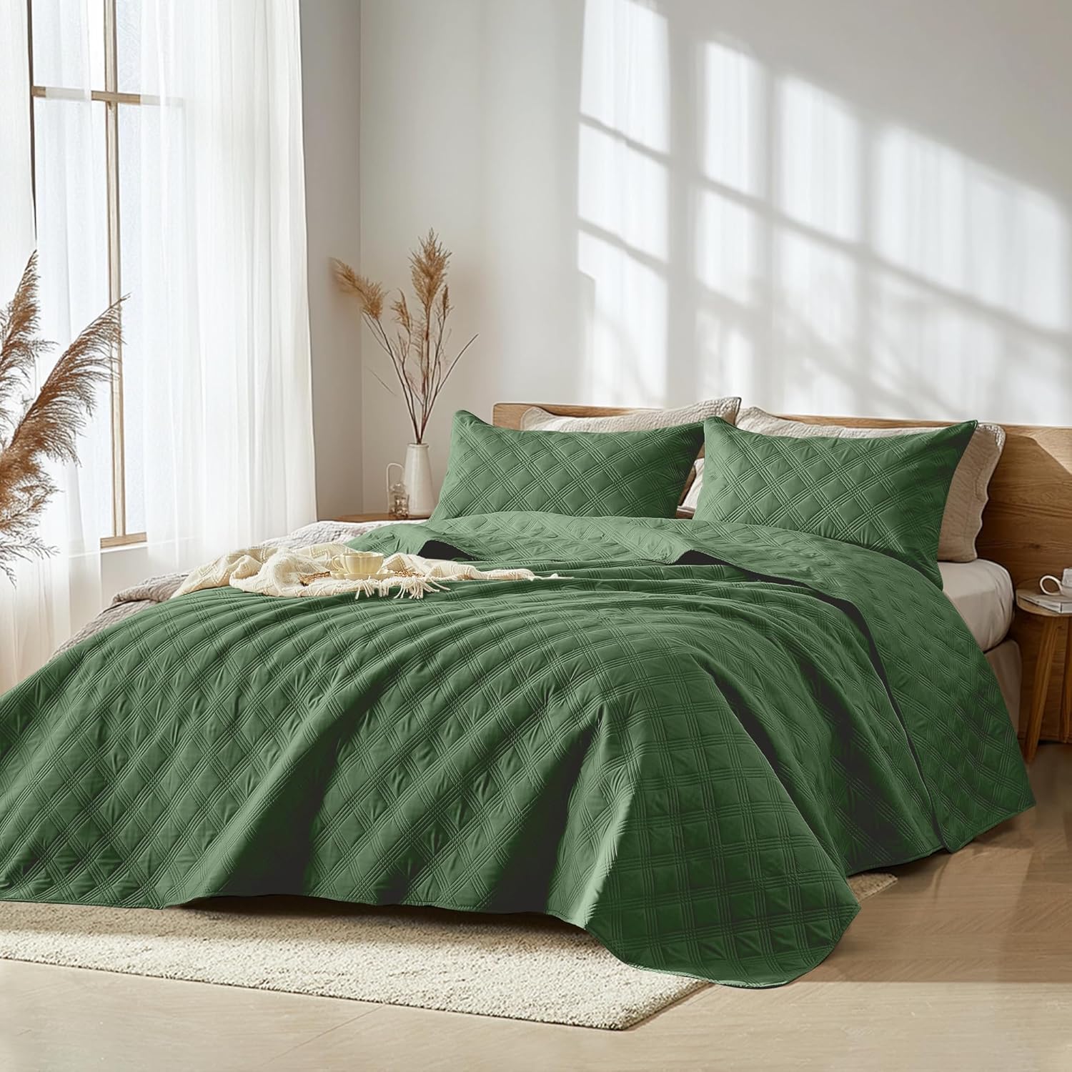 Inron Quilt Set Queen Size Olive Green Microfiber Ultrasonic Full Bedspreads