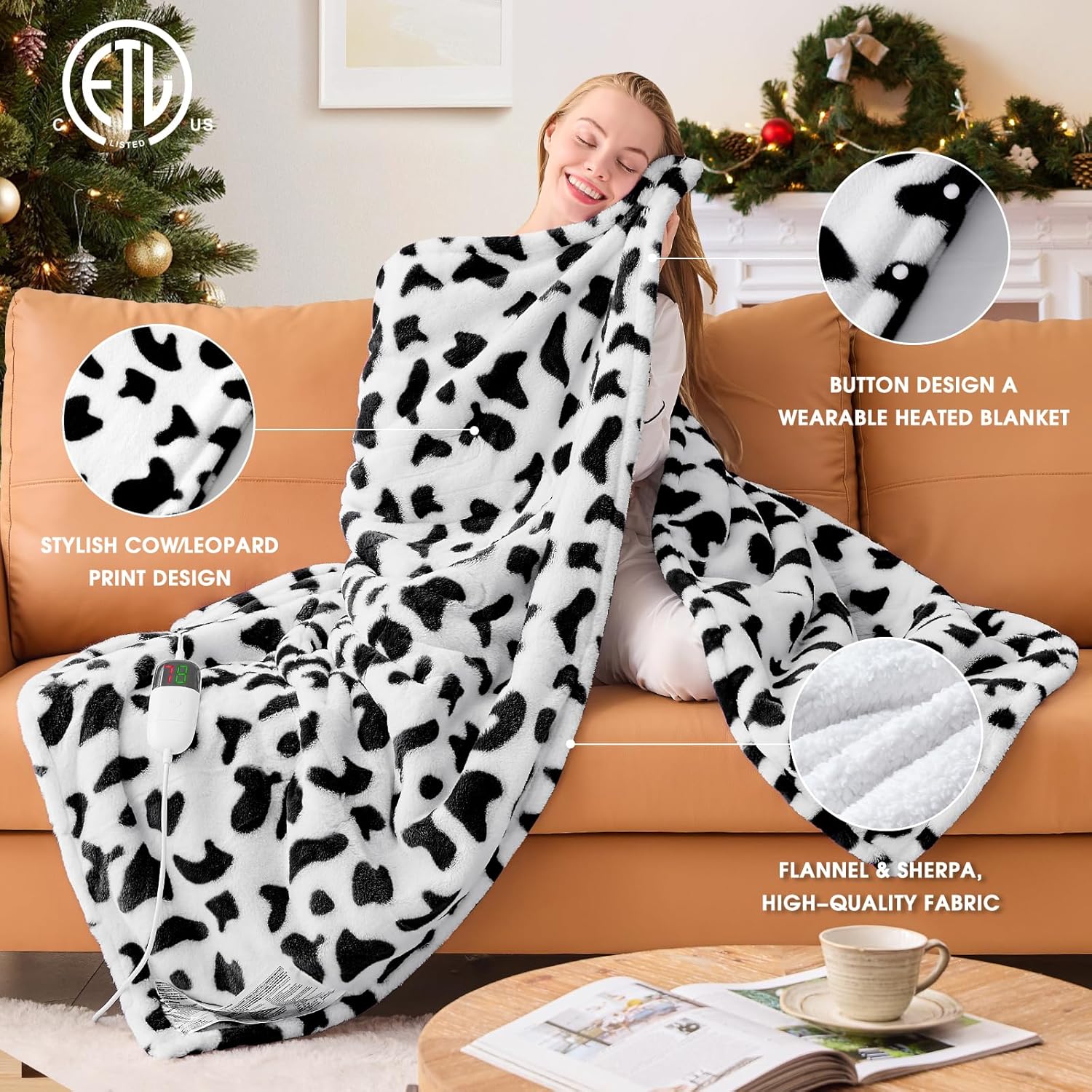 RUJIPO Cow Print Heated Electric Blanket Twin