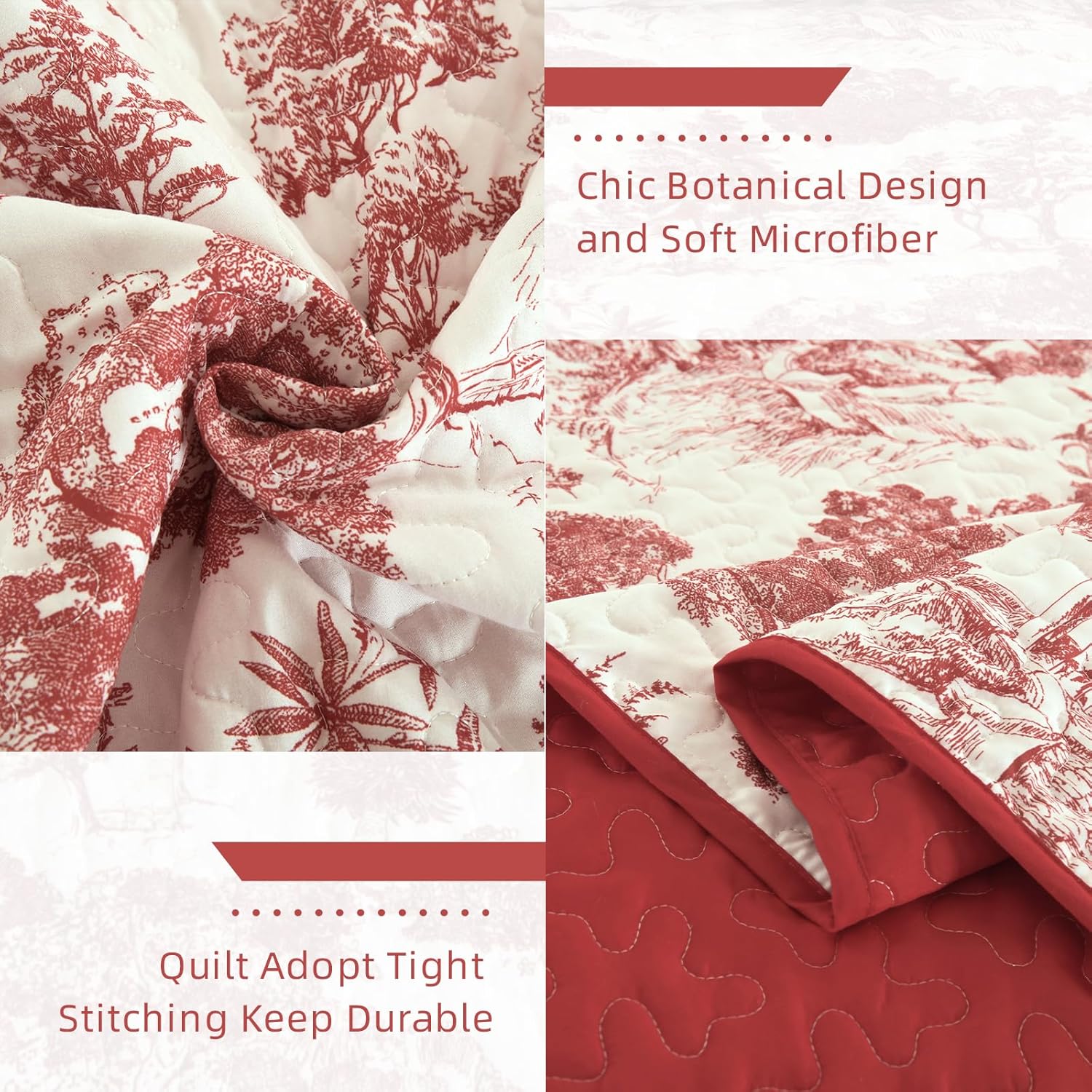 Wongs Bedding Botanical Quilt Set Queen Size Red 3 Pieces