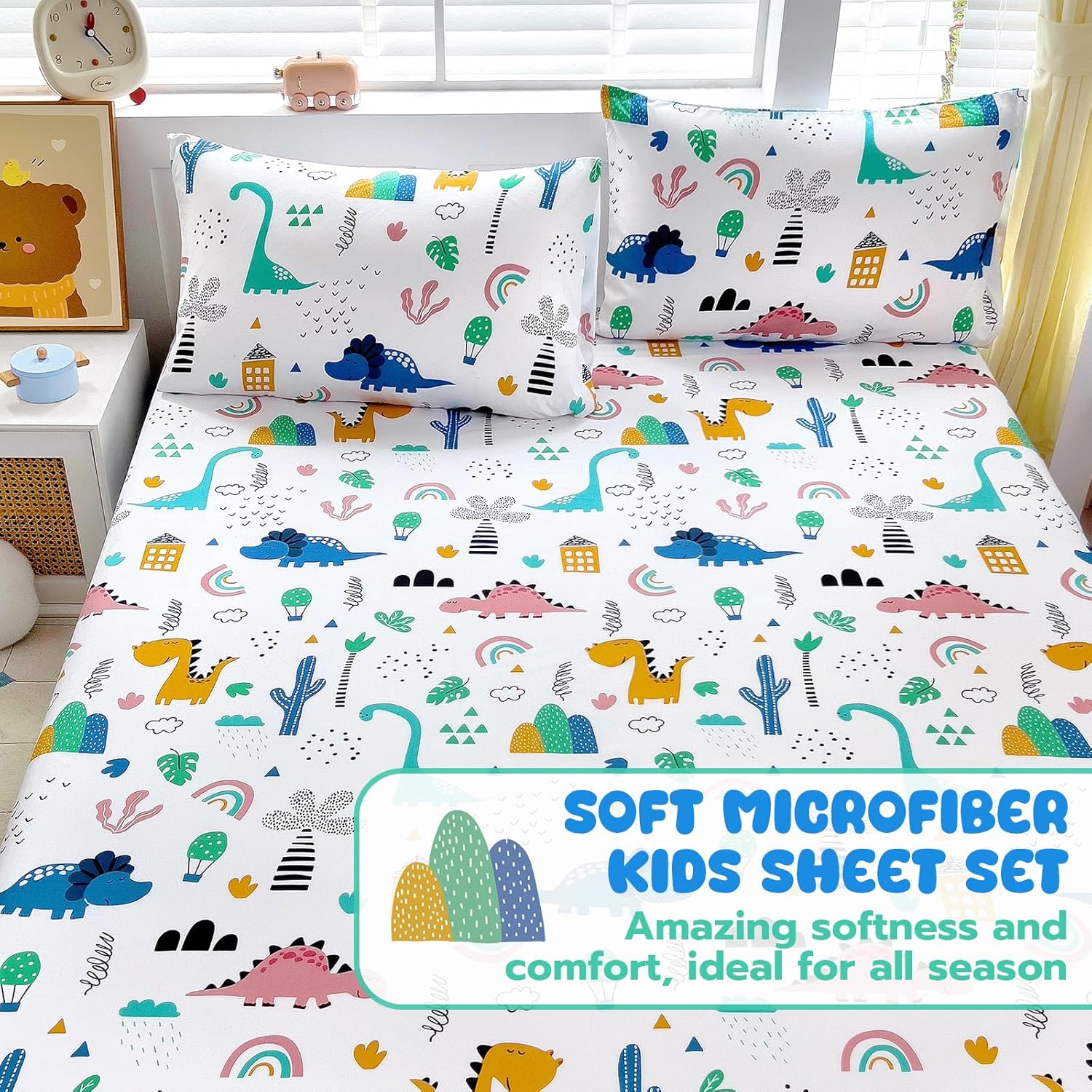 Homilay Queen Sheets Set for Kids - 4 Piece Dinosaur Pattern Bedding