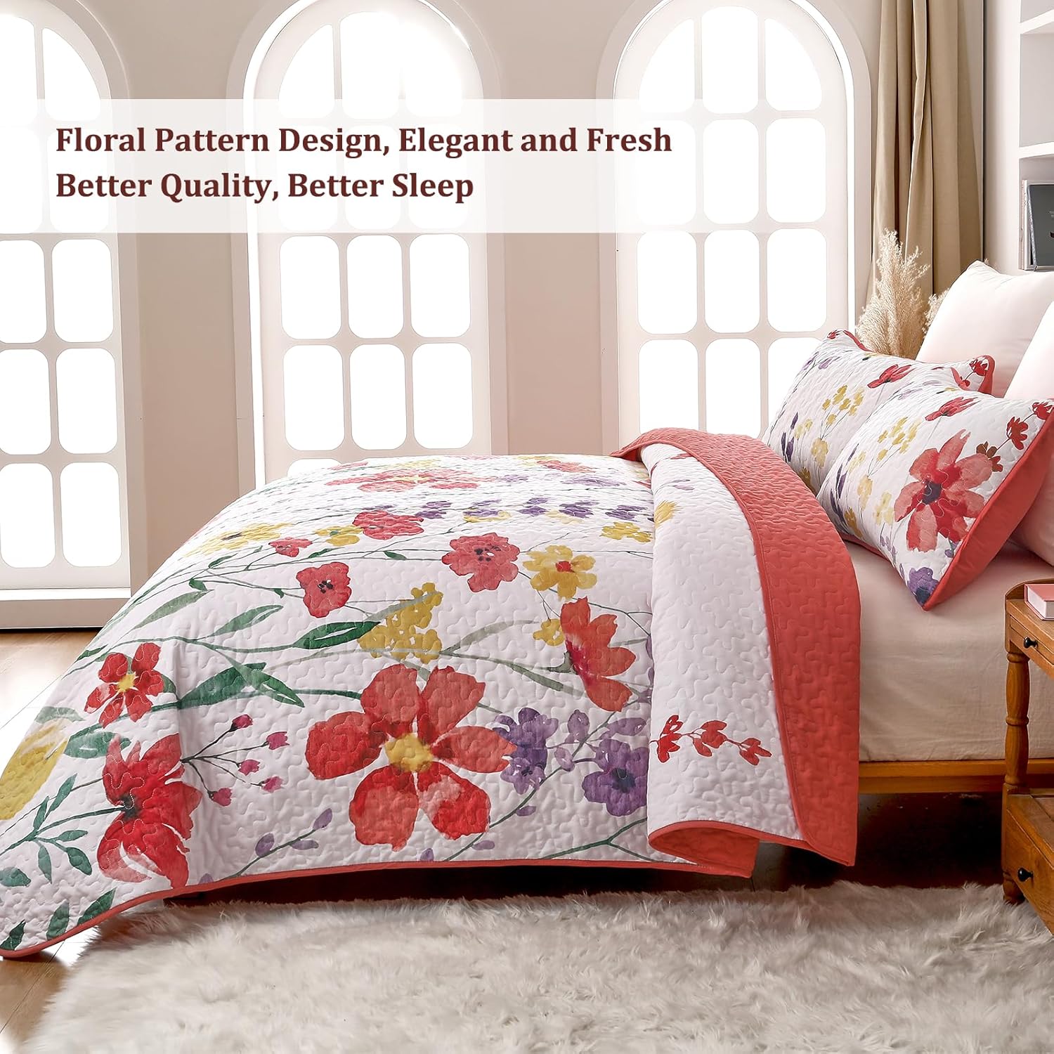 Anibedding Floral Quilt Set King Size 3-Piece Red Bedspread