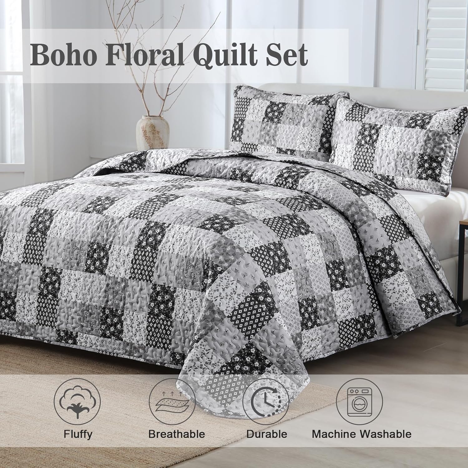 Menghomeus Boho Patchwork Quilt Set King Black Grey