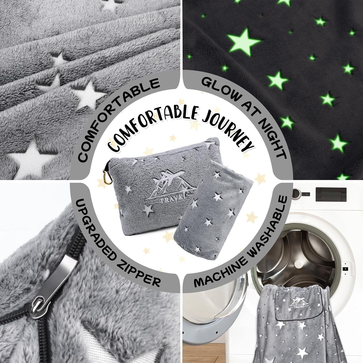 HWING Travel Blanket with Bag - Glow in The Dark Stars Pillow Set