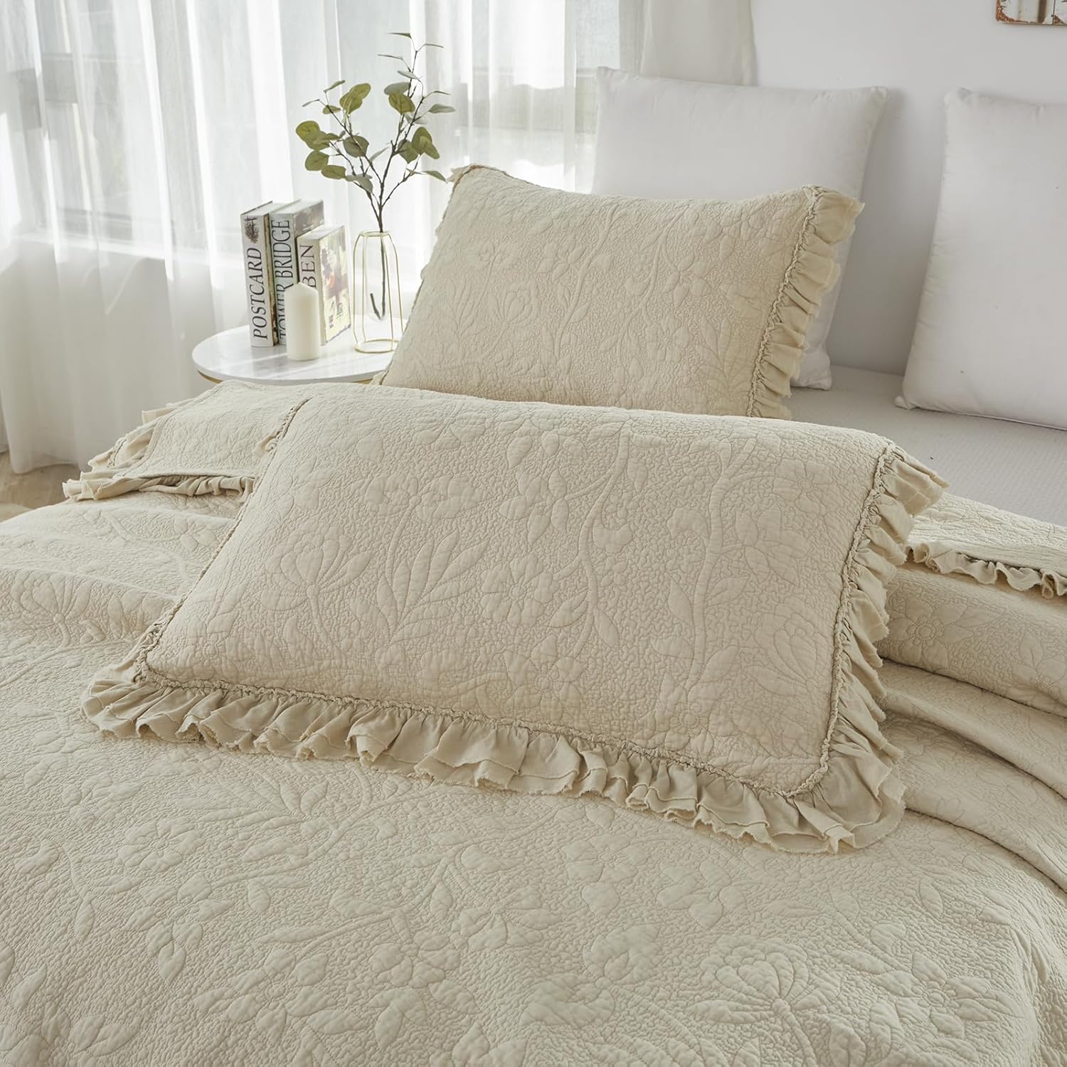 Brandream Queen Quilt Set 3-Piece Cotton Beige