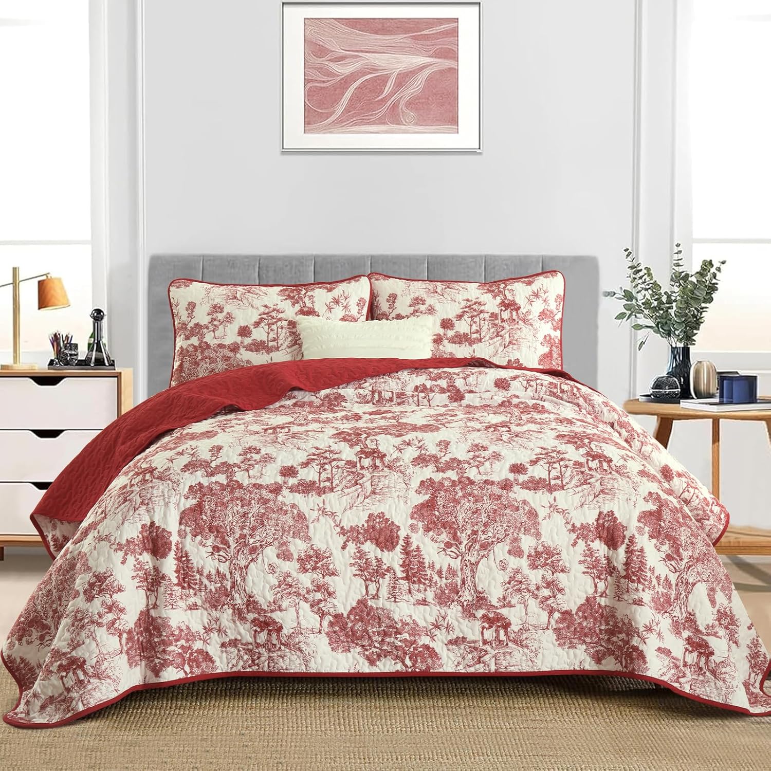Wongs Bedding Botanical Quilt Set Queen Size Red 3 Pieces