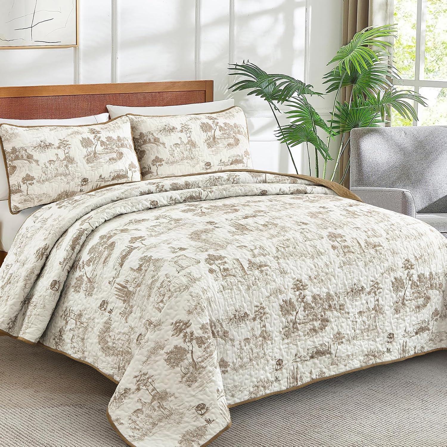 Drucon Khaki Quilt Set King Size - 3 Piece Farmhouse Bedding