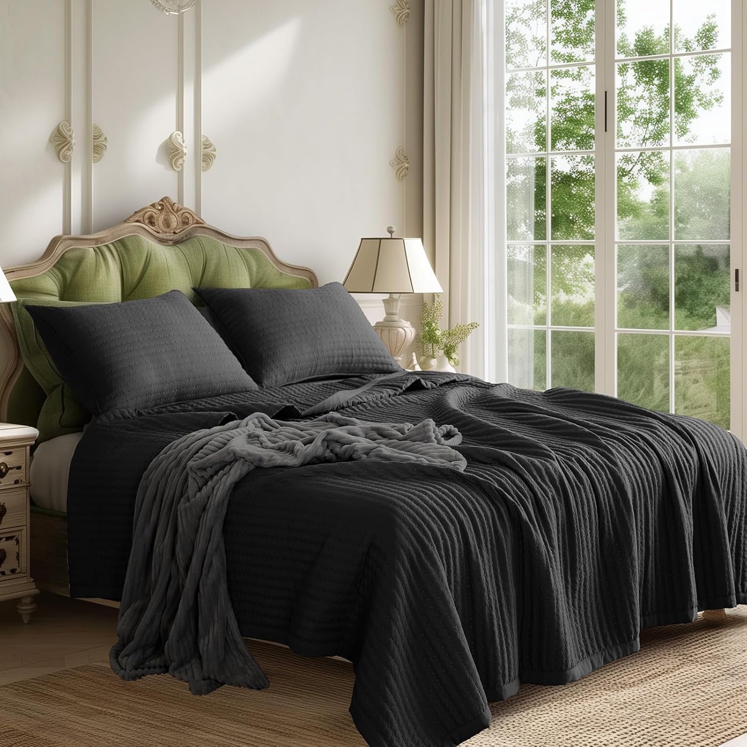 KASENTEX King Size Quilt Set - Stone Washed Black
