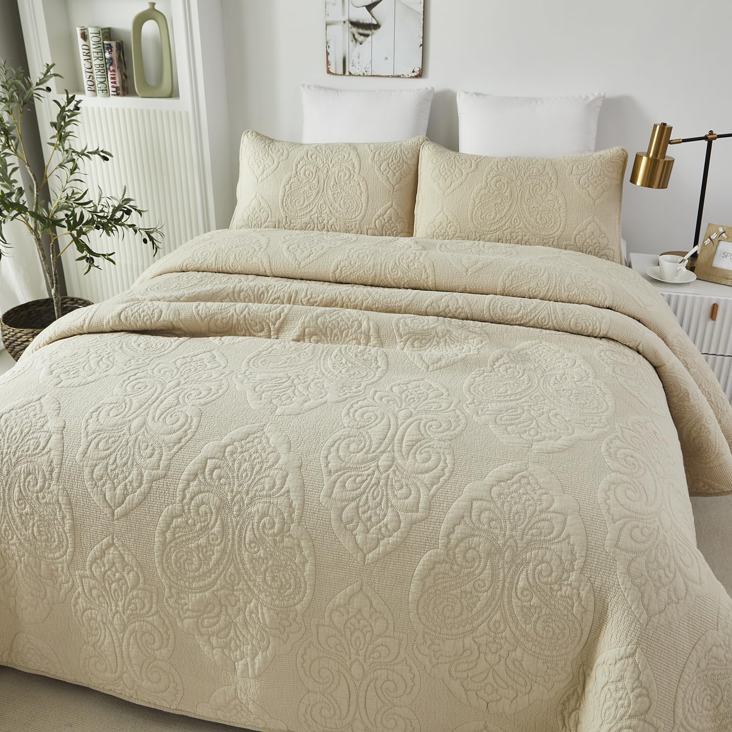 Brandream Queen Size Quilt Set 3-Piece Cotton Beige