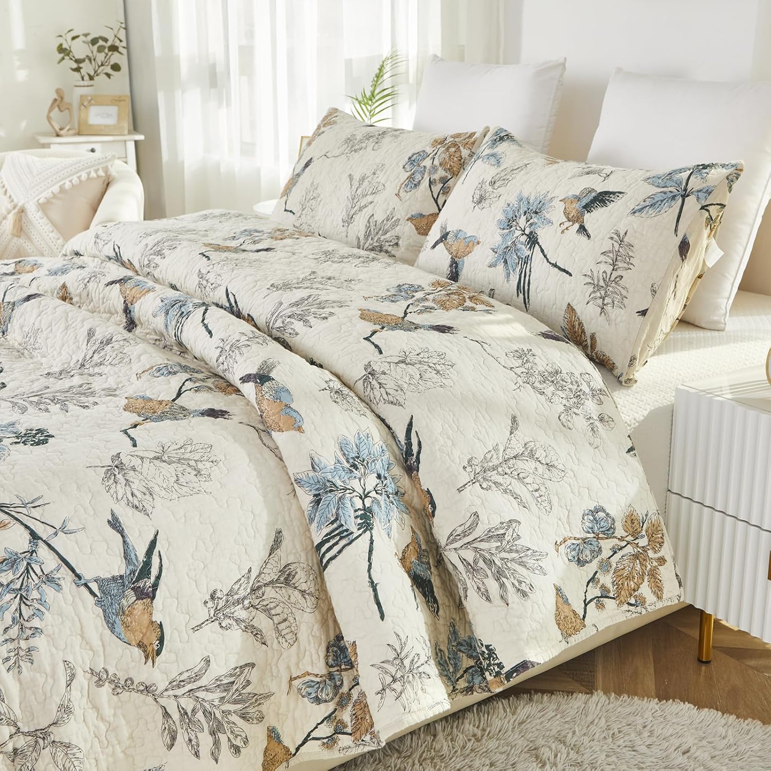 Brandream Birds Comforter Set Queen 3Pcs Beige
