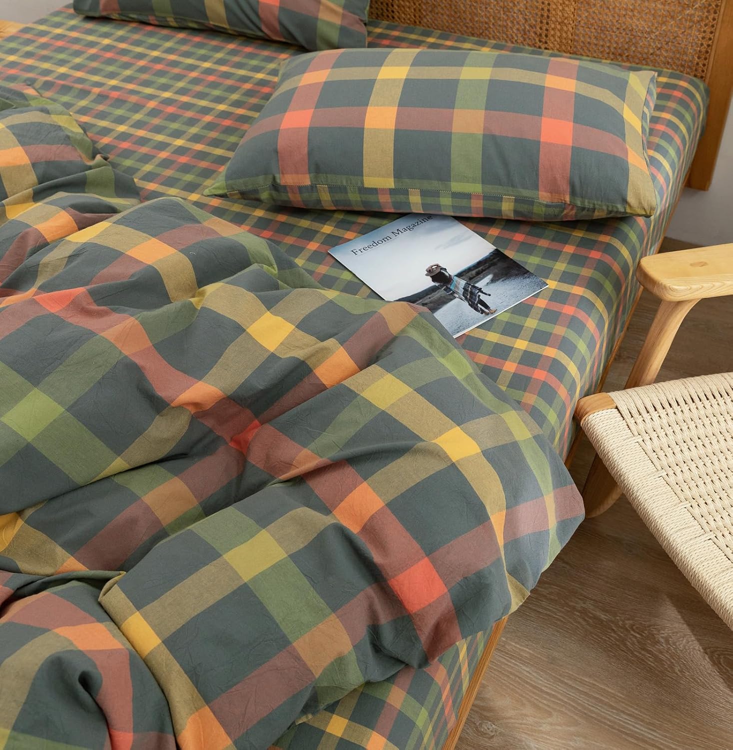 VM VOUGEMARKET Queen Plaid Fitted Sheet with 15 Deep Pocket