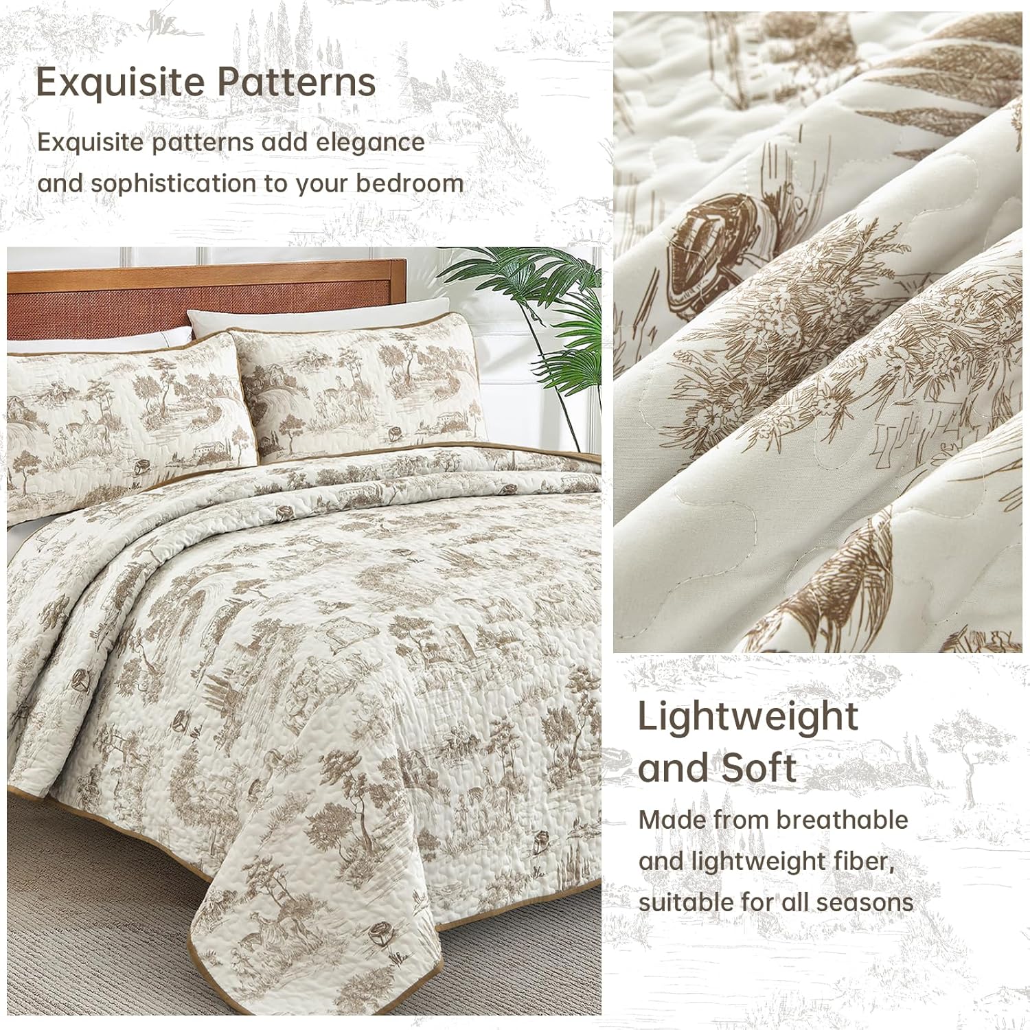 Drucon Khaki Quilt Set King Size - 3 Piece Farmhouse Bedding