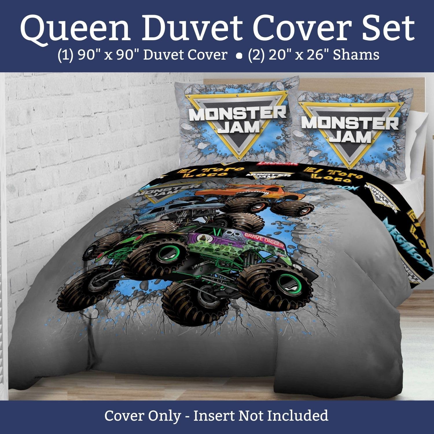 Jay Franco Duvet Cover Set Monster Jam Kids Bedding 3 Piece Grey