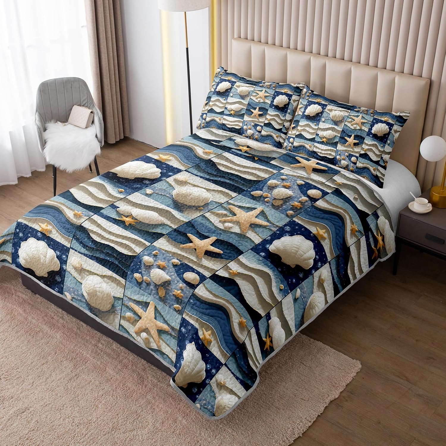 QOOMO Coastal Quilt Set Twin Size 3 Piece