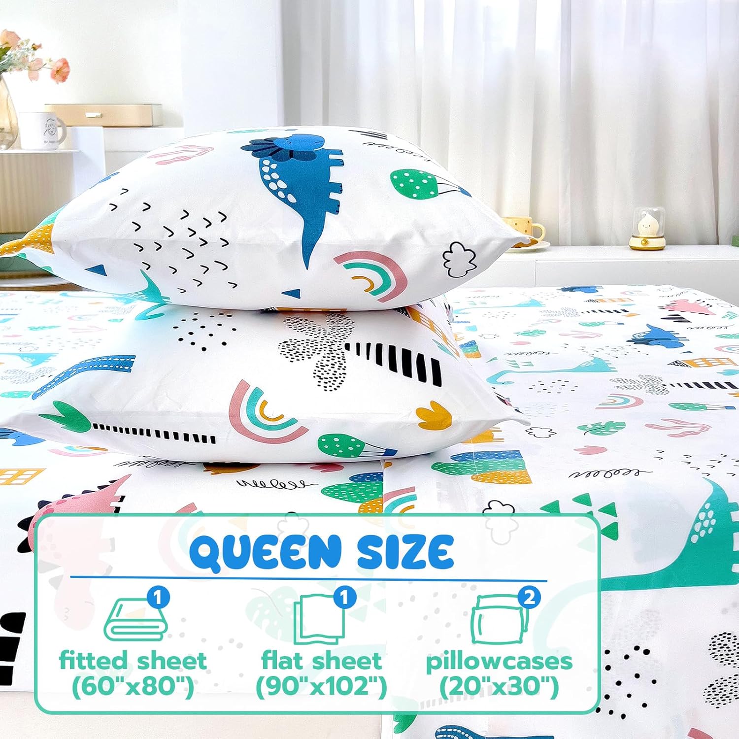 Homilay Queen Sheets Set for Kids - 4 Piece Dinosaur Pattern Bedding