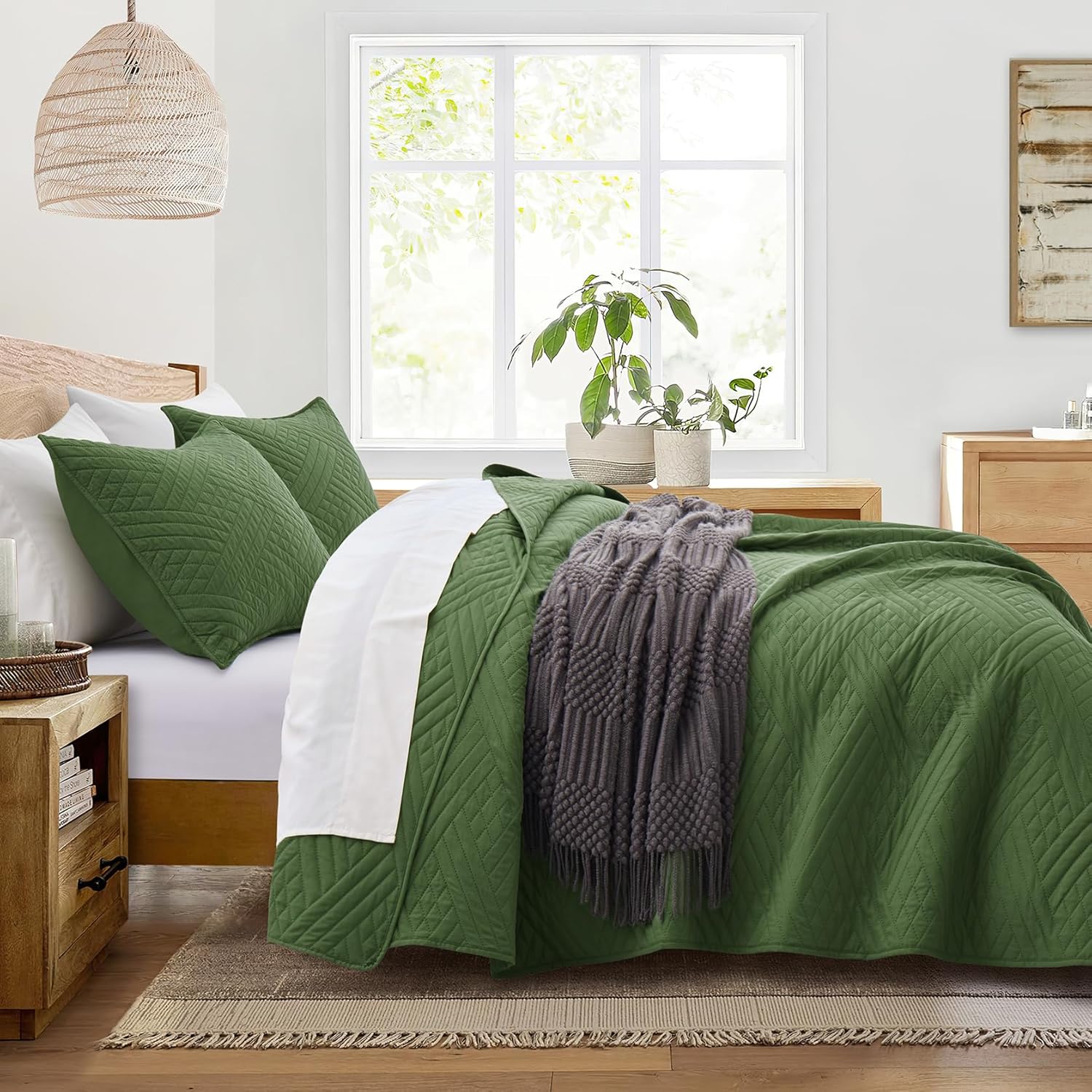 Lavsiry Olive Green Quilt Set Queen Size 3 Piece