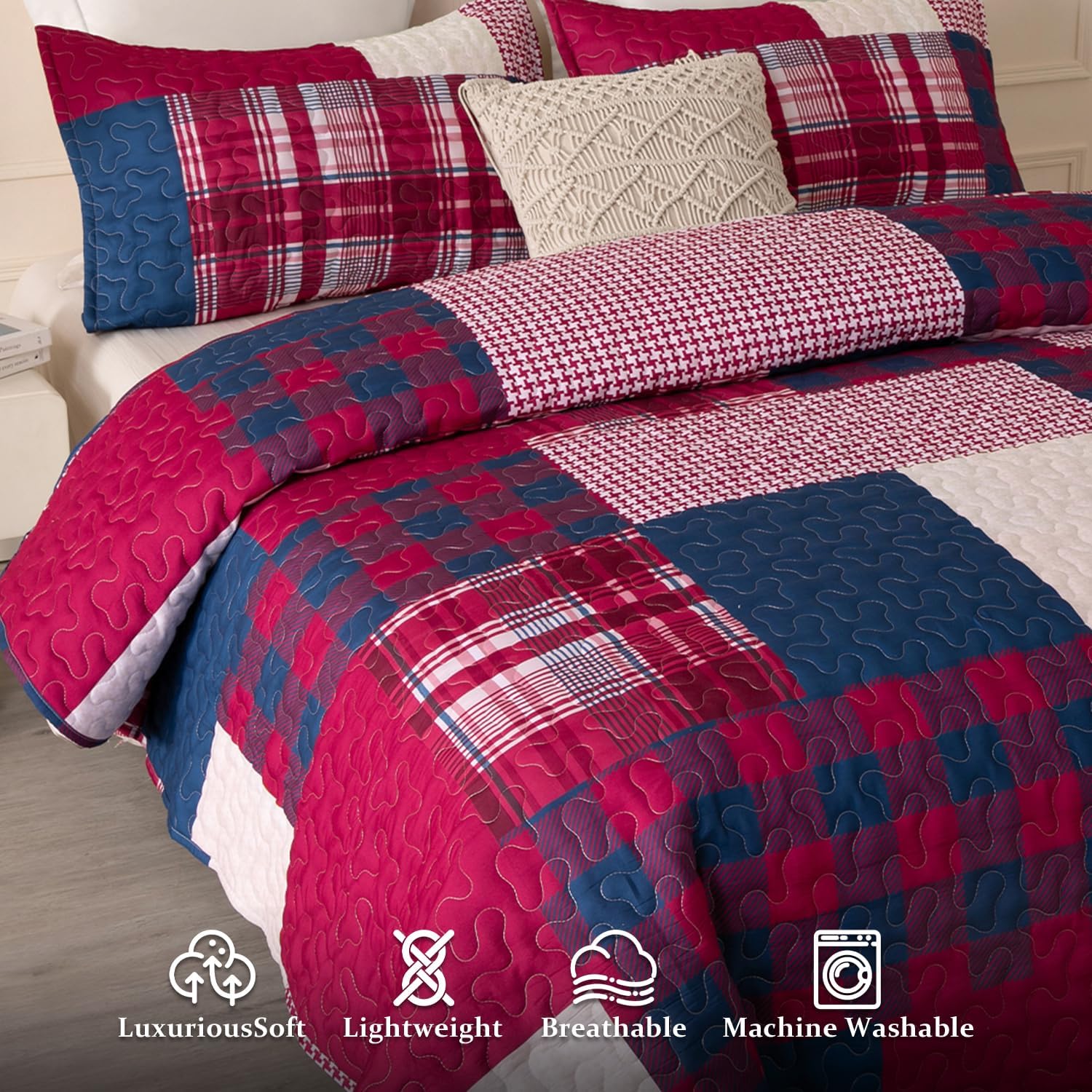 DURLENGEN Boho Quilt Set Queen 3Pcs with Red Navy Patchwork