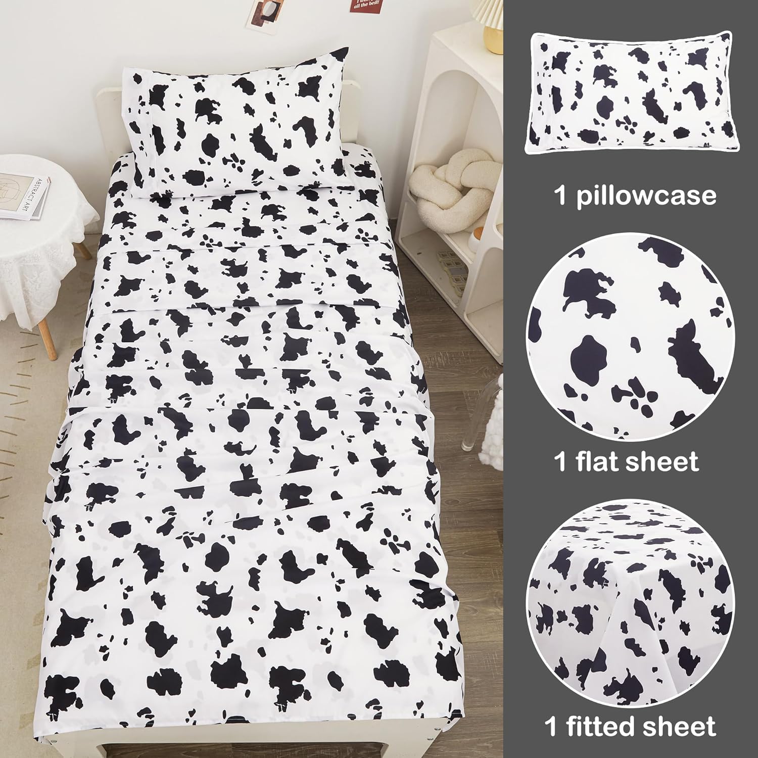 Viviland 3-Piece Cow Print Twin Sheet Set for Kids