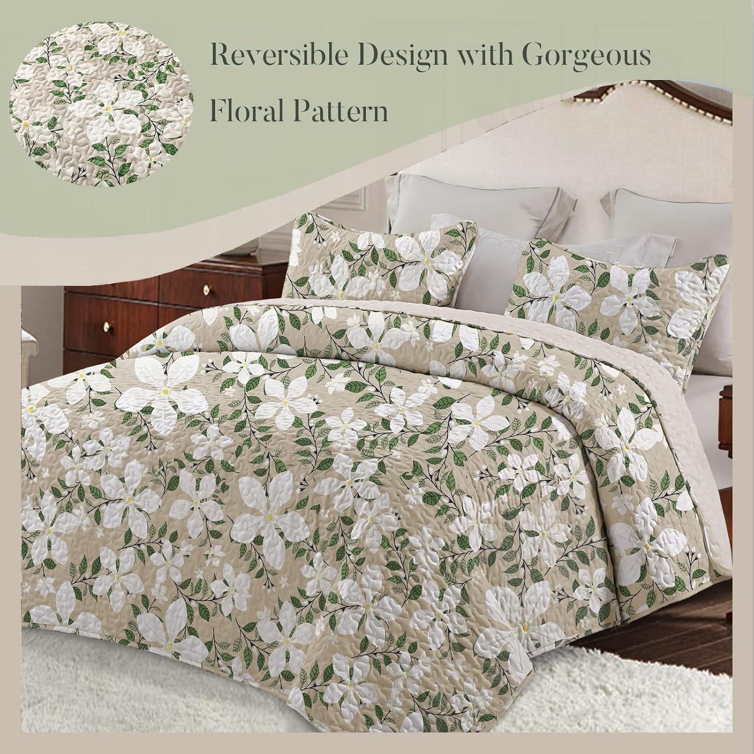 Whale Flotilla Reversible Floral Quilt Set Full Queen WhiteBone
