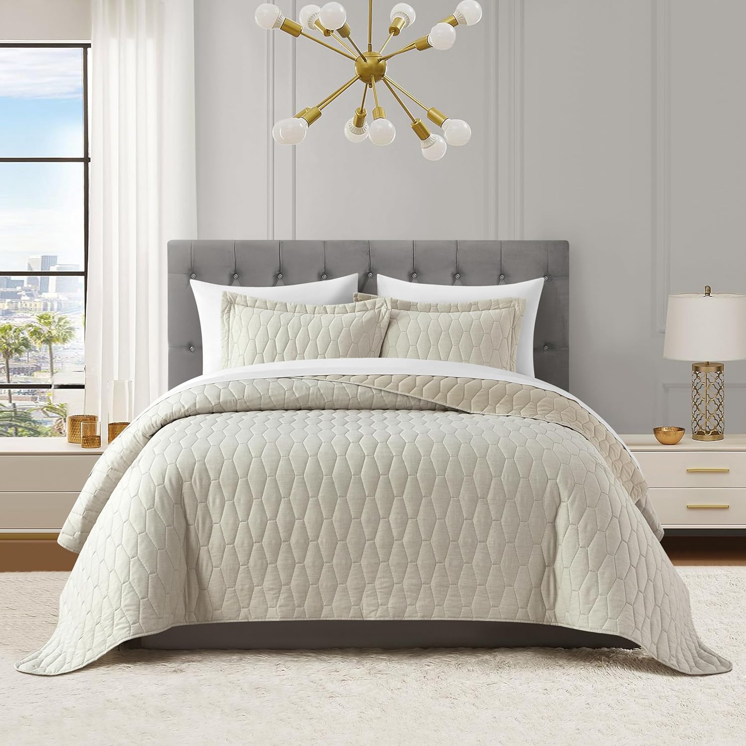 Chic Home Nyla 3 Piece Queen Quilt Set - Beige Hexagon Pattern