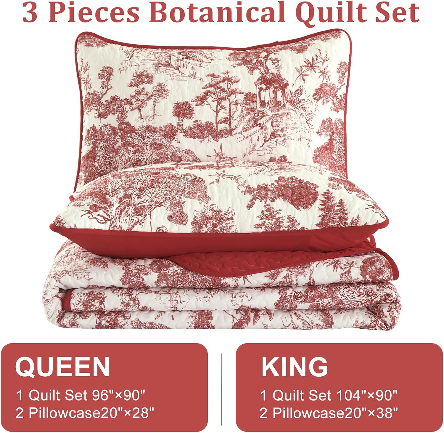 Wongs Bedding Botanical Quilt Set Queen Size Red 3 Pieces