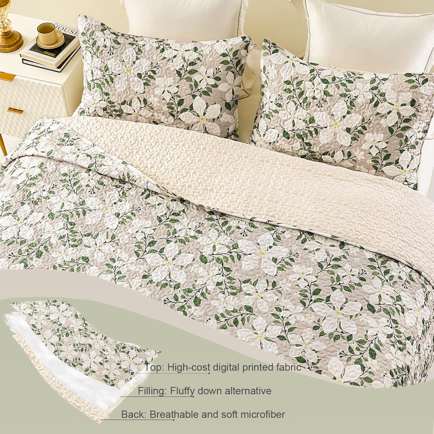 Whale Flotilla Reversible Floral Quilt Set Full Queen WhiteBone