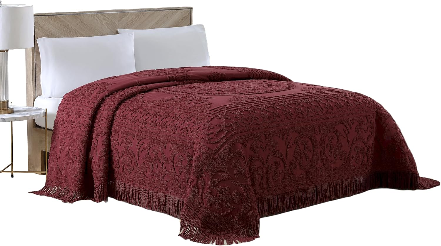 Beatrice Home Fashions Medallion Chenille Bedspread Queen Burgundy 1