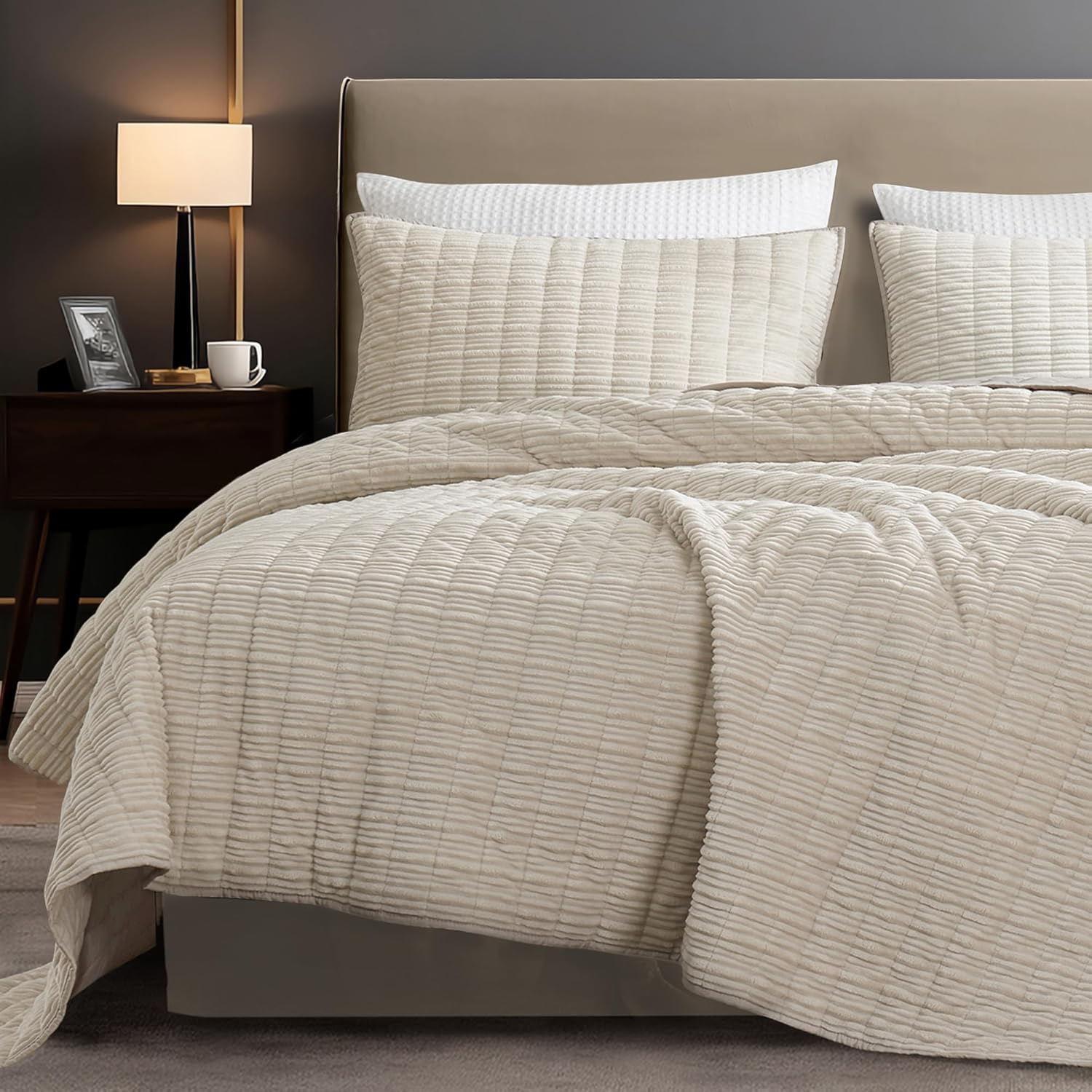 SHALALA Corduroy Quilt Queen 3-Piece Set Striped Bed Cover